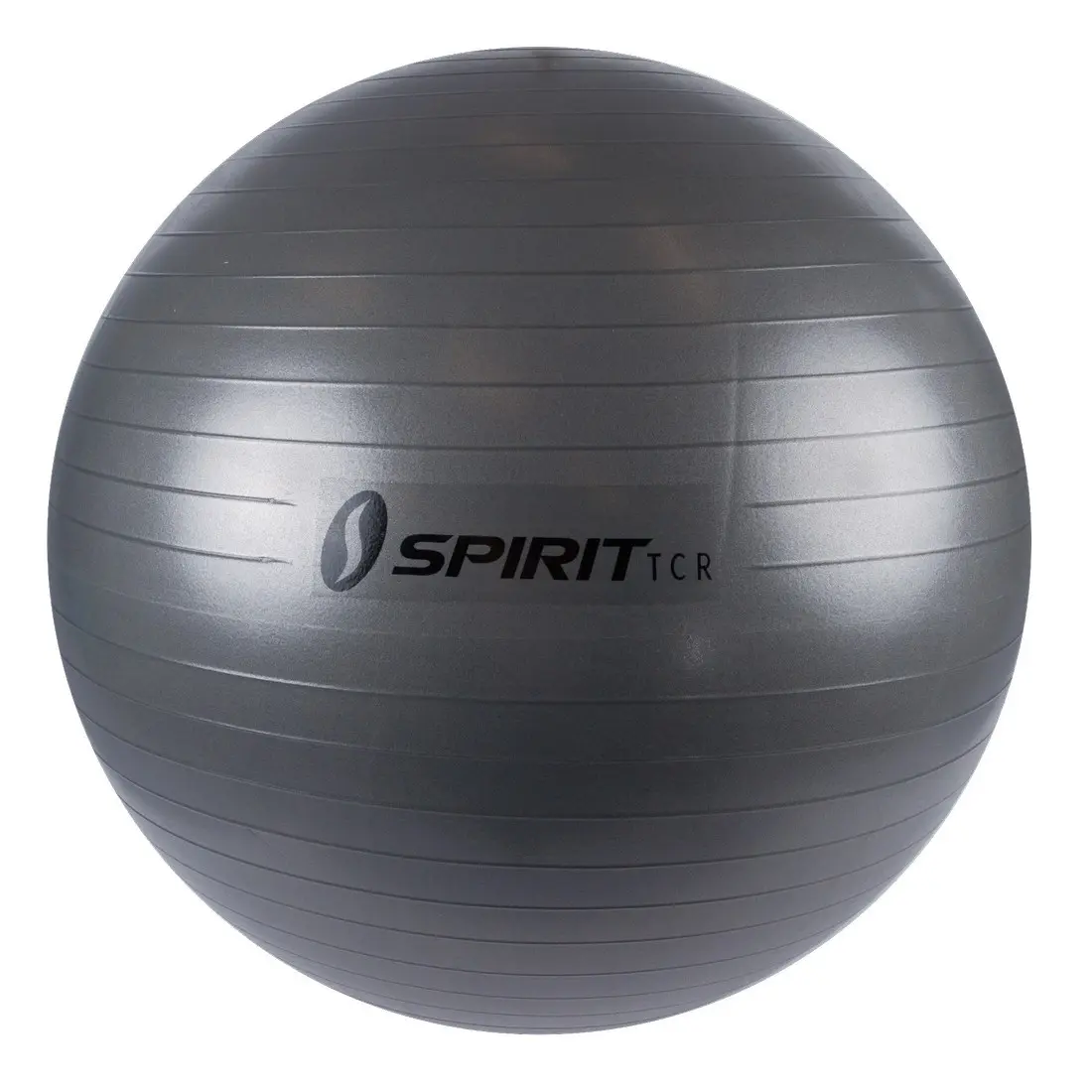 Ballon de gymnastique Spirit TCR gris, diamètre 75 cm, surface antidérapante à bandes, logo noir centré, idéal pour fitness, yoga ou comme siège de bureau, livré avec pompe.