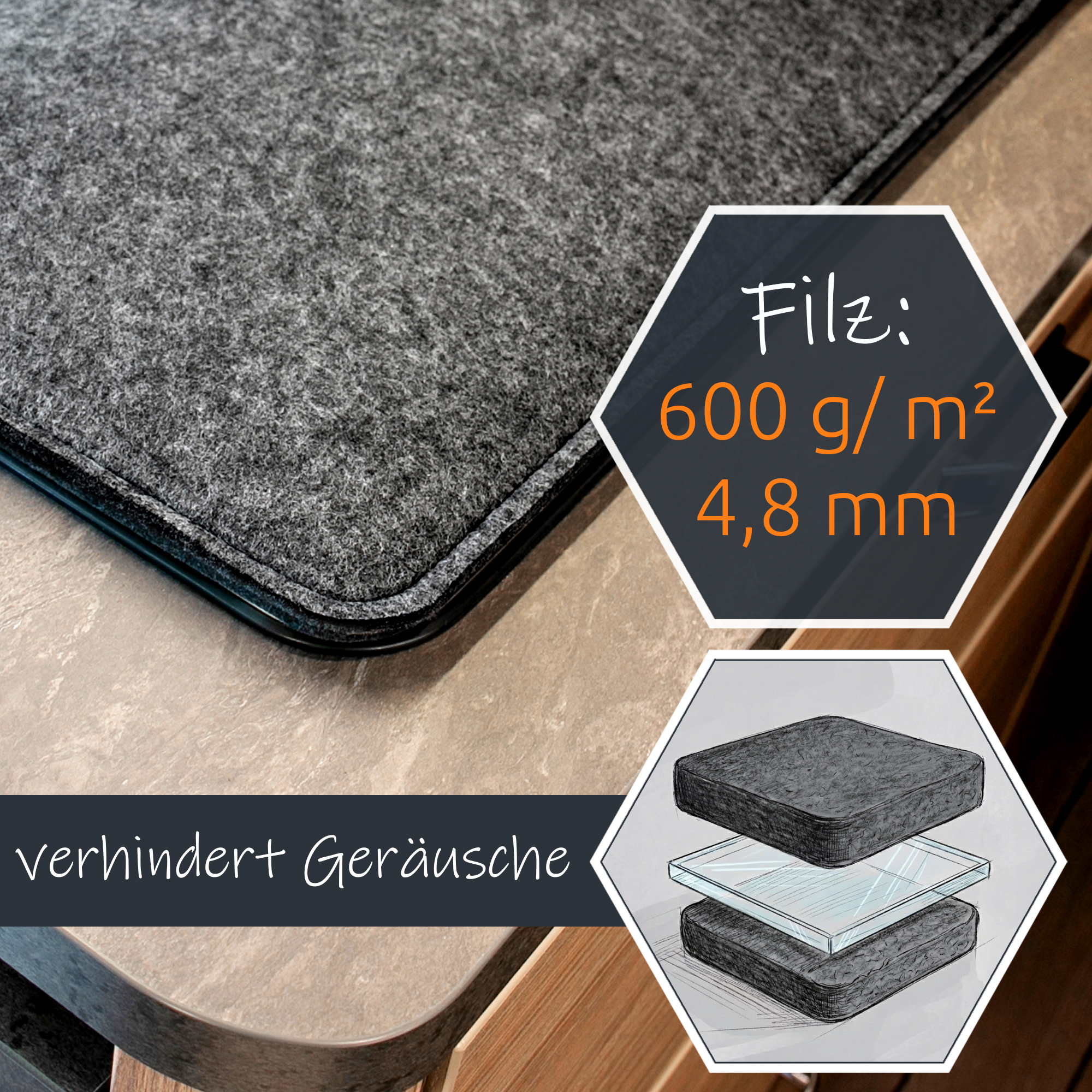 Couvercle de protection en feutre gris your GEAR Panaro A, 70x31cm, 4,8mm d’épaisseur, 600g/m², pour cuisinière et évier de camping-car, réduit vibrations et bruits, posé sur une surface de cuisine.