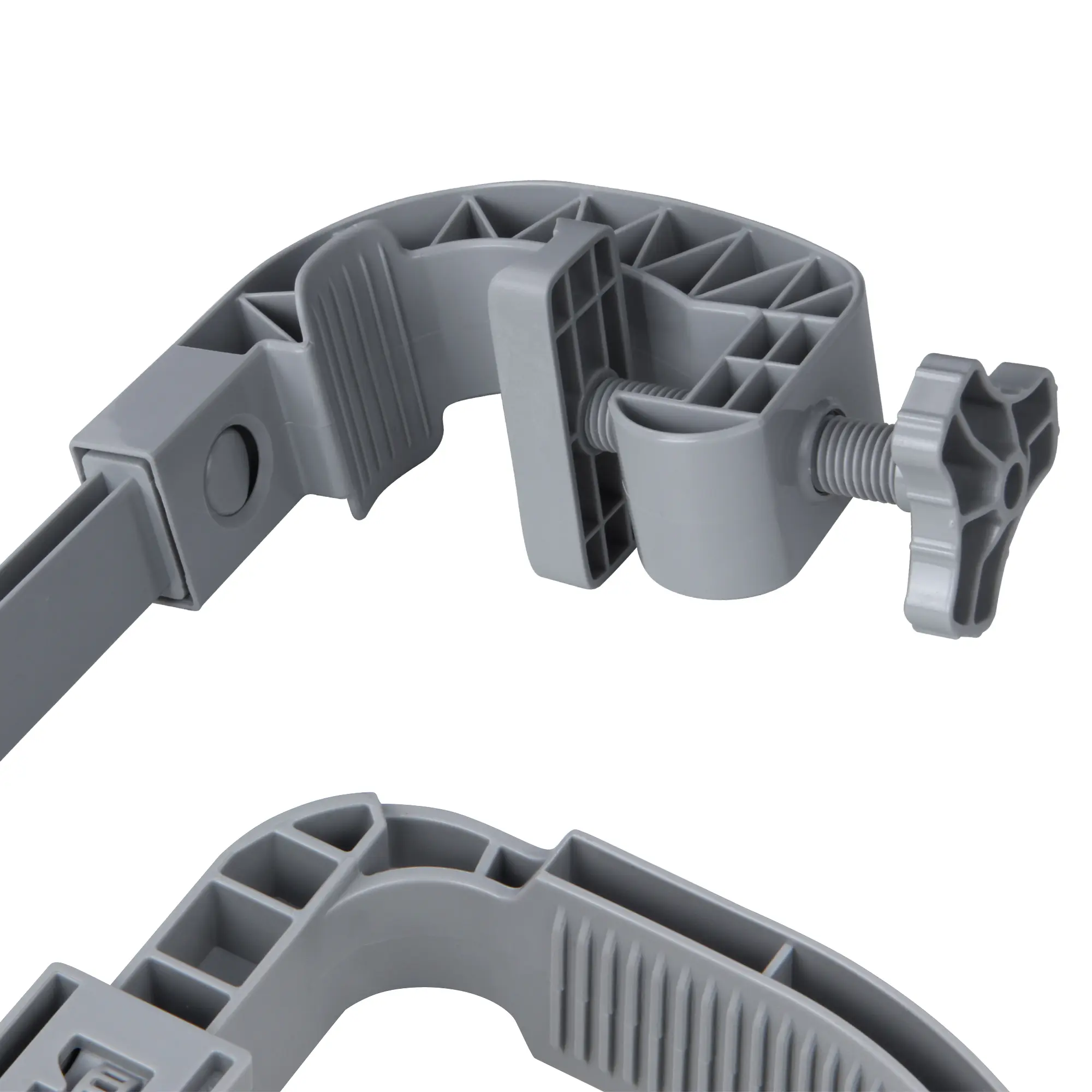 Soporte de fijación gris del your GEAR Skimmer Duo para piscinas, con tornillo de ajuste y estructura robusta de plástico, adecuado para bordes de piscinas con marco de acero o anillo inflable.