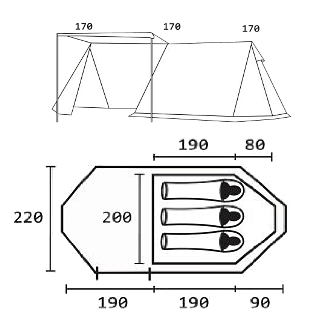 Strichzeichnung des 10T Mungaroo 3 Hauszelts für 3 Personen mit Maßen: 220x280 cm Grundfläche, Stehhöhe 170 cm, separater Schlafbereich und Vorraum, ideal für Camping und Outdoor-Aktivitäten.