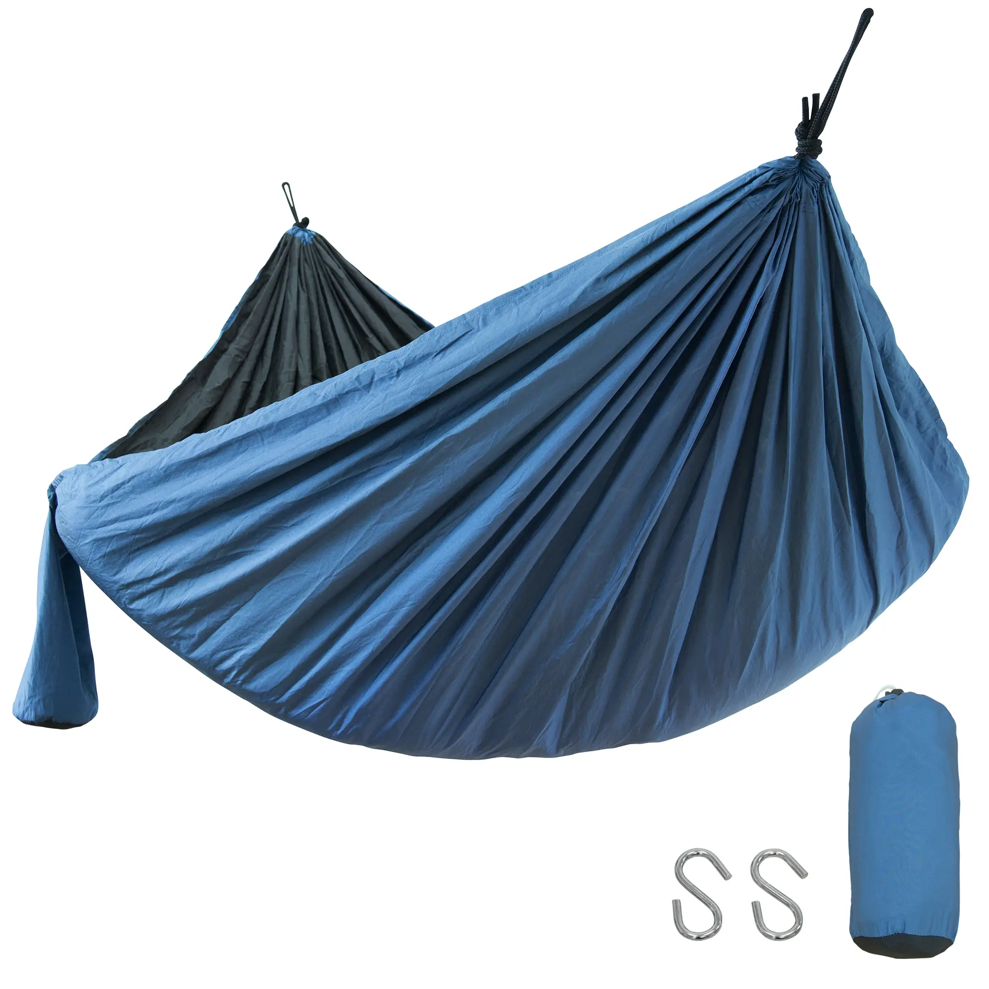 Hamac ultraléger yourGEAR Zion 270x140 cm en nylon bleu/gris double couche, capacité 240 kg, livré avec sac de transport et crochets en S, idéal pour intérieur et extérieur.