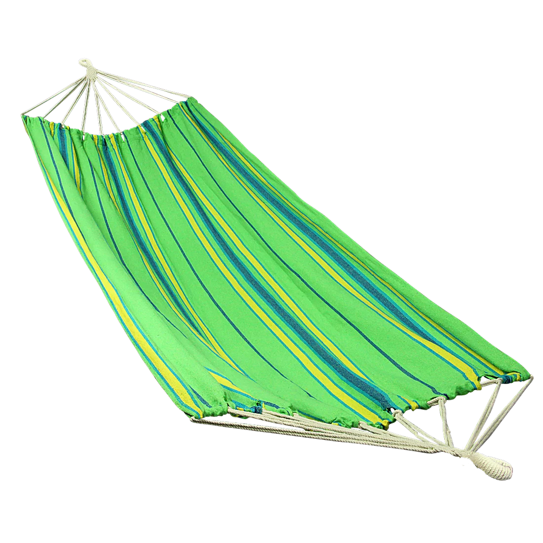 Hamac 10T Devellin XL pour 1 personne, tissu 100 % coton, 220x110 cm, rayures vertes, jaunes et bleues, avec cordes de fixation robustes, idéal pour jardin, terrasse ou camping.