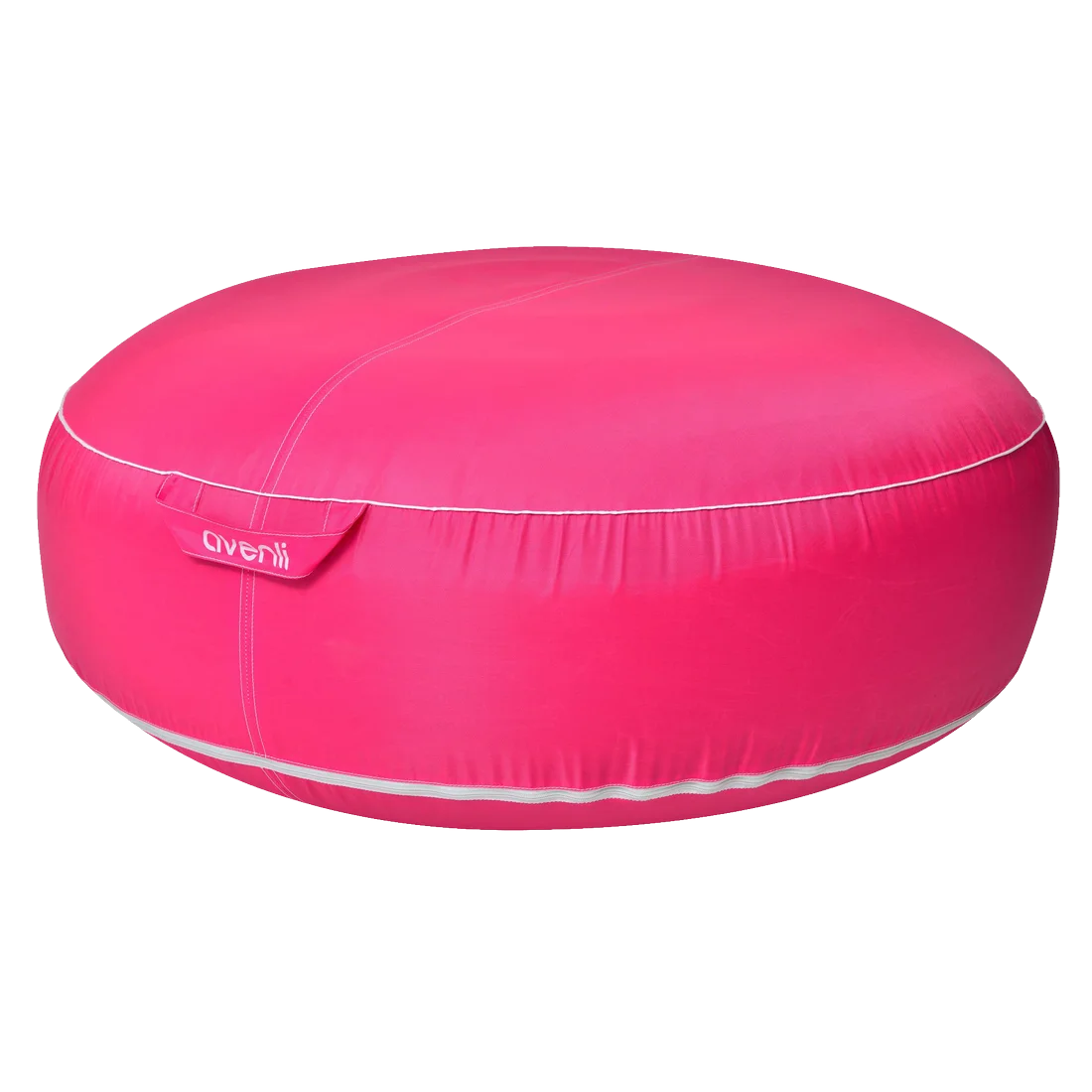 Inflatable Avenli Pouf seat cushion, 98x38cm, round shape, bright pink color with a reinforced, water-resistant fabric cover, visible carry handle and white trim, suitable for outdoor use.