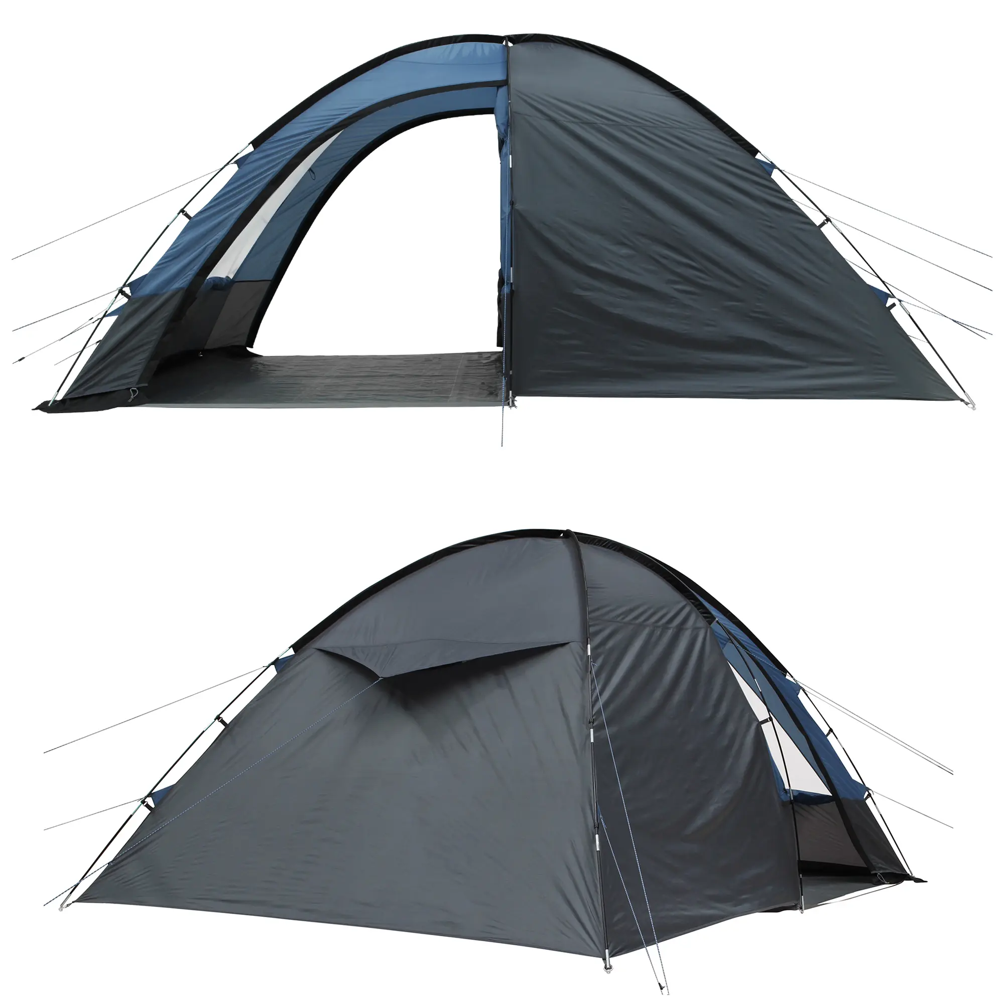 your GEAR Chinook 4 Kuppelzelt für 4 Personen in Blau-Grau, mit großem Wohnraum, Stehhöhe, Seiteneingang und Fenster, wetterfest mit 5000mm Wassersäule, ideal als Familienzelt beim Camping.