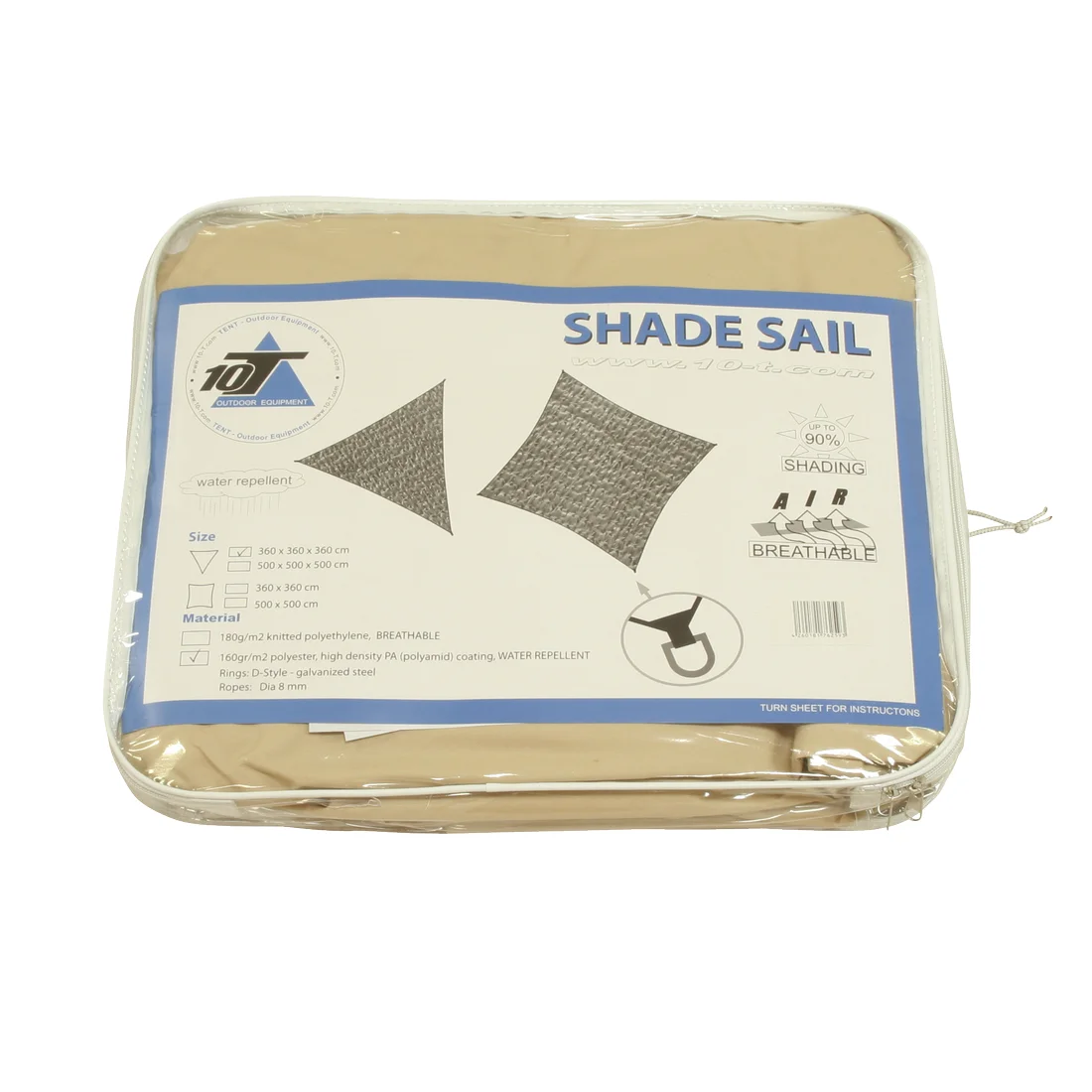 10T Wilson dreieckiges Tarp 3,6 m Sonnensegel, verpackt in transparenter Tasche mit Etikett, wetterbeständig, wasserdicht, UV 80+ Schutz, inkl. Abspannleinen und Transporttasche, für Garten und Camping.