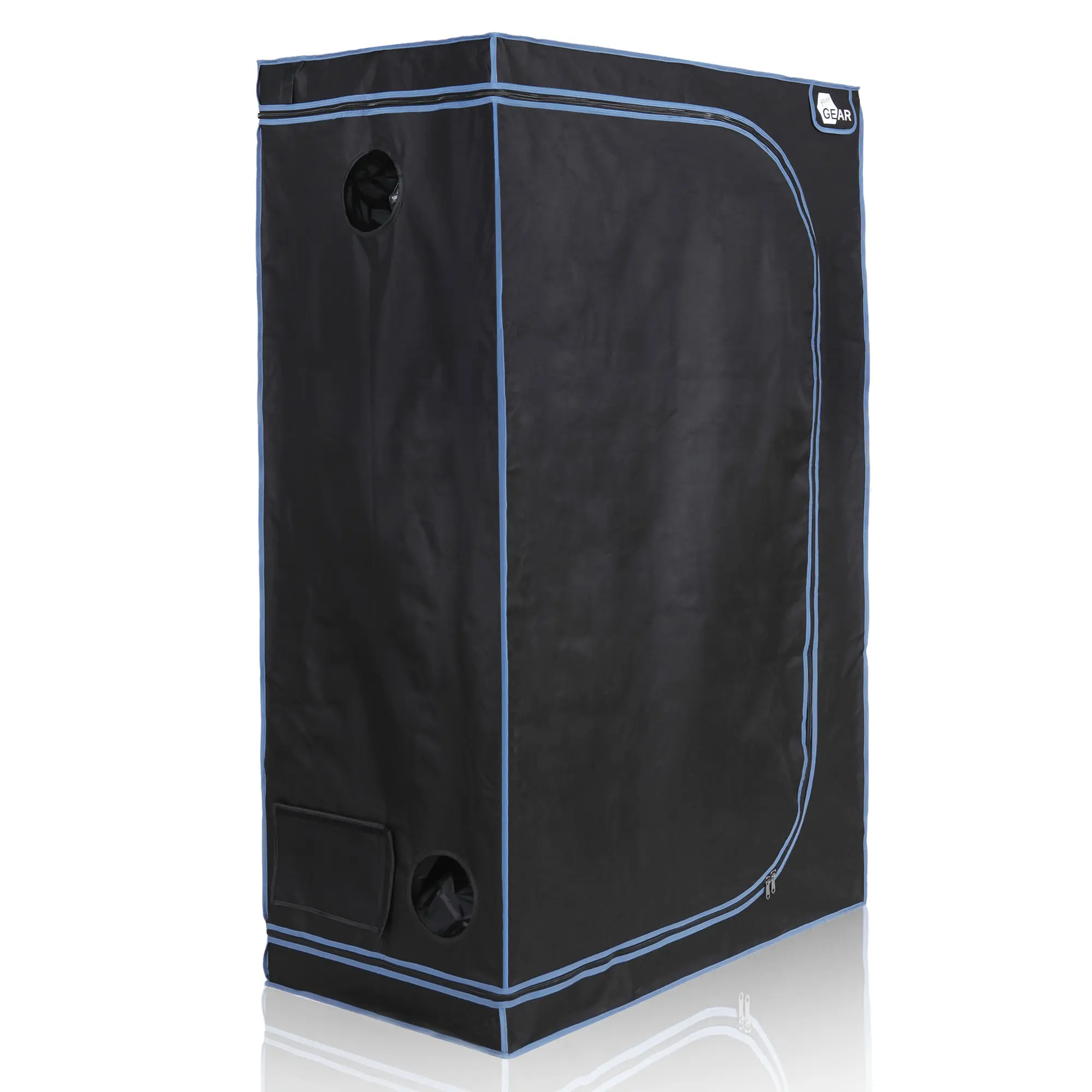 Growzelt yourGEAR Plantsville 120x60x180 cm, schwarzes Indoor Zuchtzelt mit blauen Nähten, mehreren Belüftungsöffnungen und Reißverschluss, ideal für Pflanzenanzucht und Indoor-Gewächshaus.