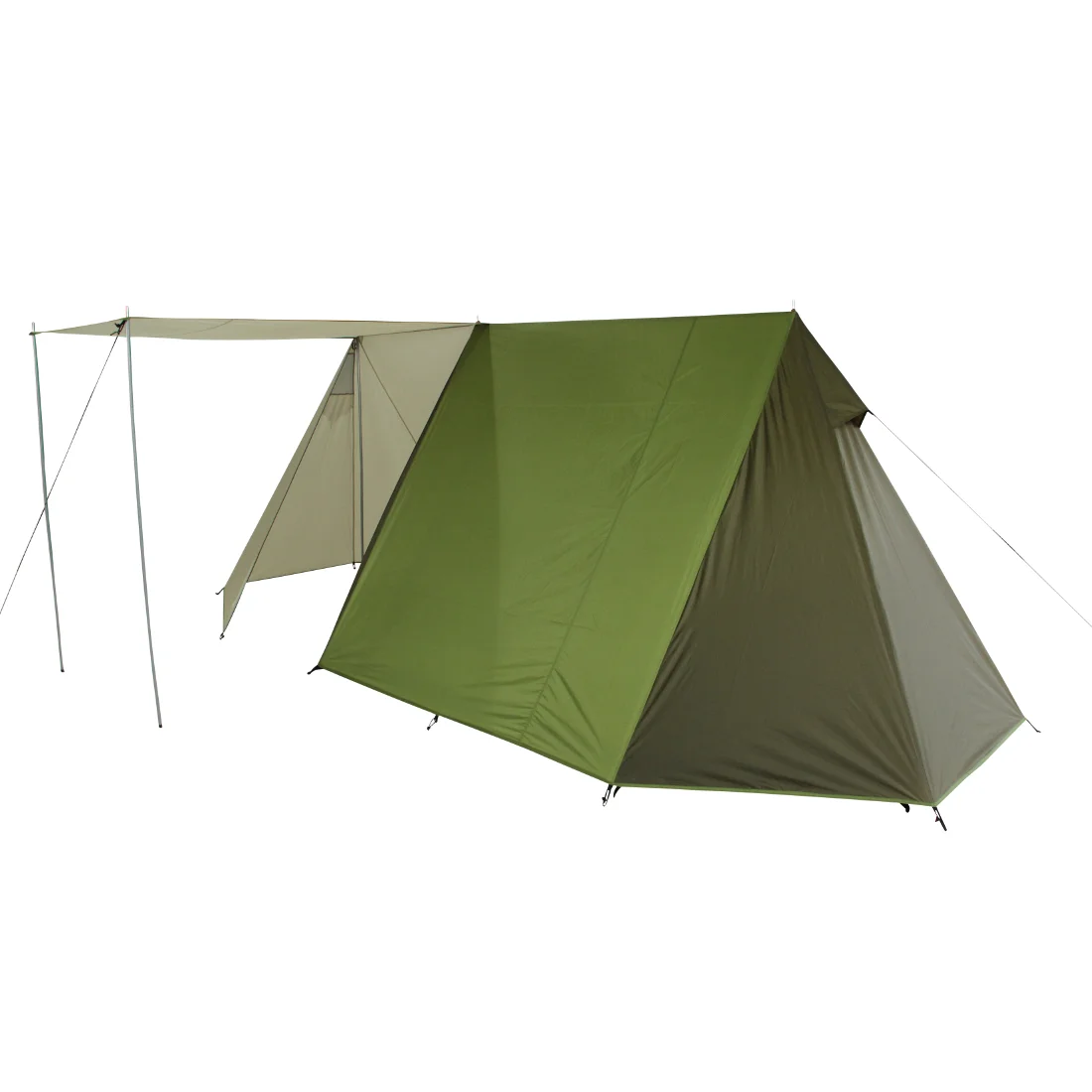 Grünes 10T Zelt Mungaroo 3 für drei Personen, mit Stehhöhe, großem Vorraum und wetterfestem, wasserdichtem Außenzelt, ideal für Camping und Outdoor-Aktivitäten, seitlicher Eingangsbereich mit Überdachung.