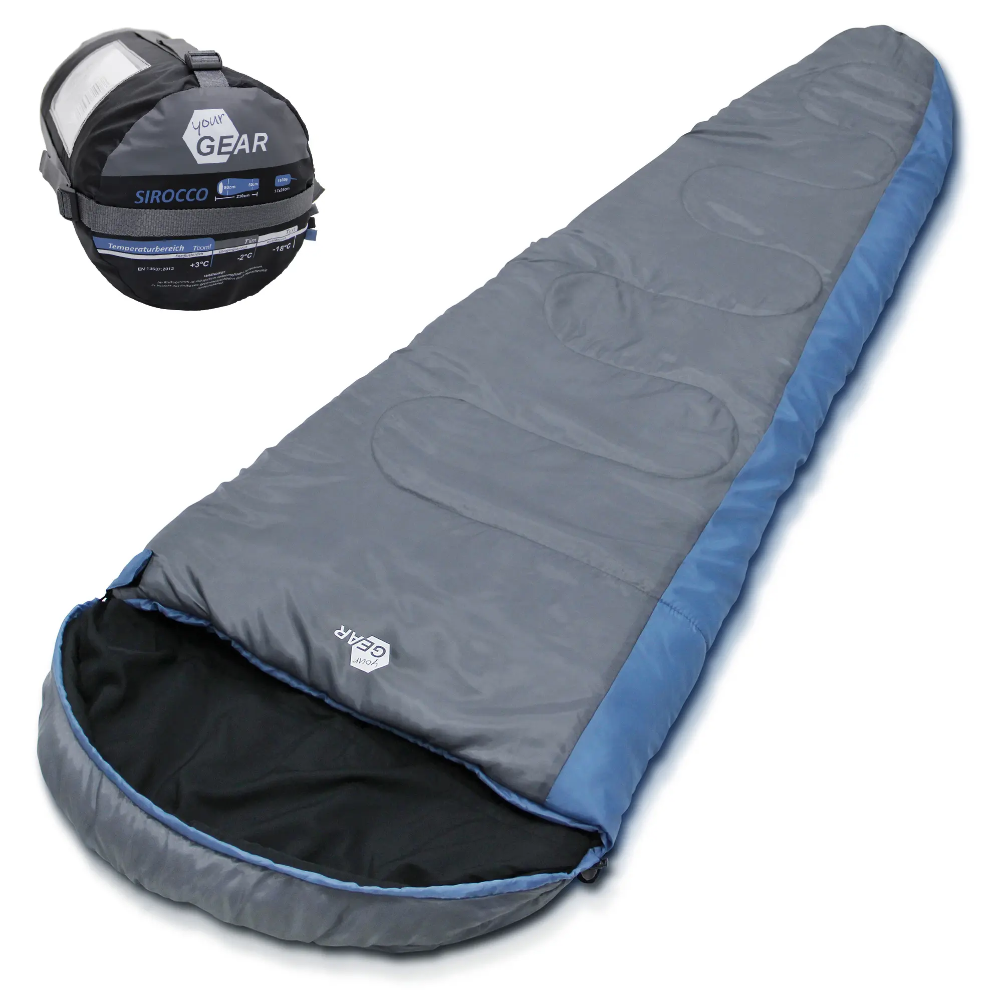 yourGEAR Schlafsack Sirocco -18°C, Mumienschlafsack in Blau-Grau, 230x80 cm, für 3-4 Jahreszeiten, mit Kompressionspacksack, extra warm, für Camping und Outdoor-Aktivitäten geeignet.