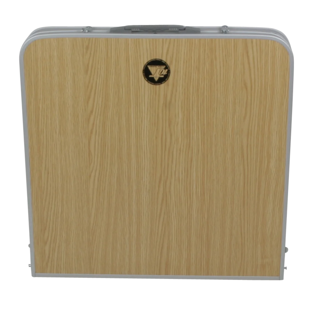 Table pliante de camping 10T pour 4 personnes, aspect bois clair, cadre en aluminium, poignée de transport grise sur le dessus, logo 10T visible au centre, compacte et portable.