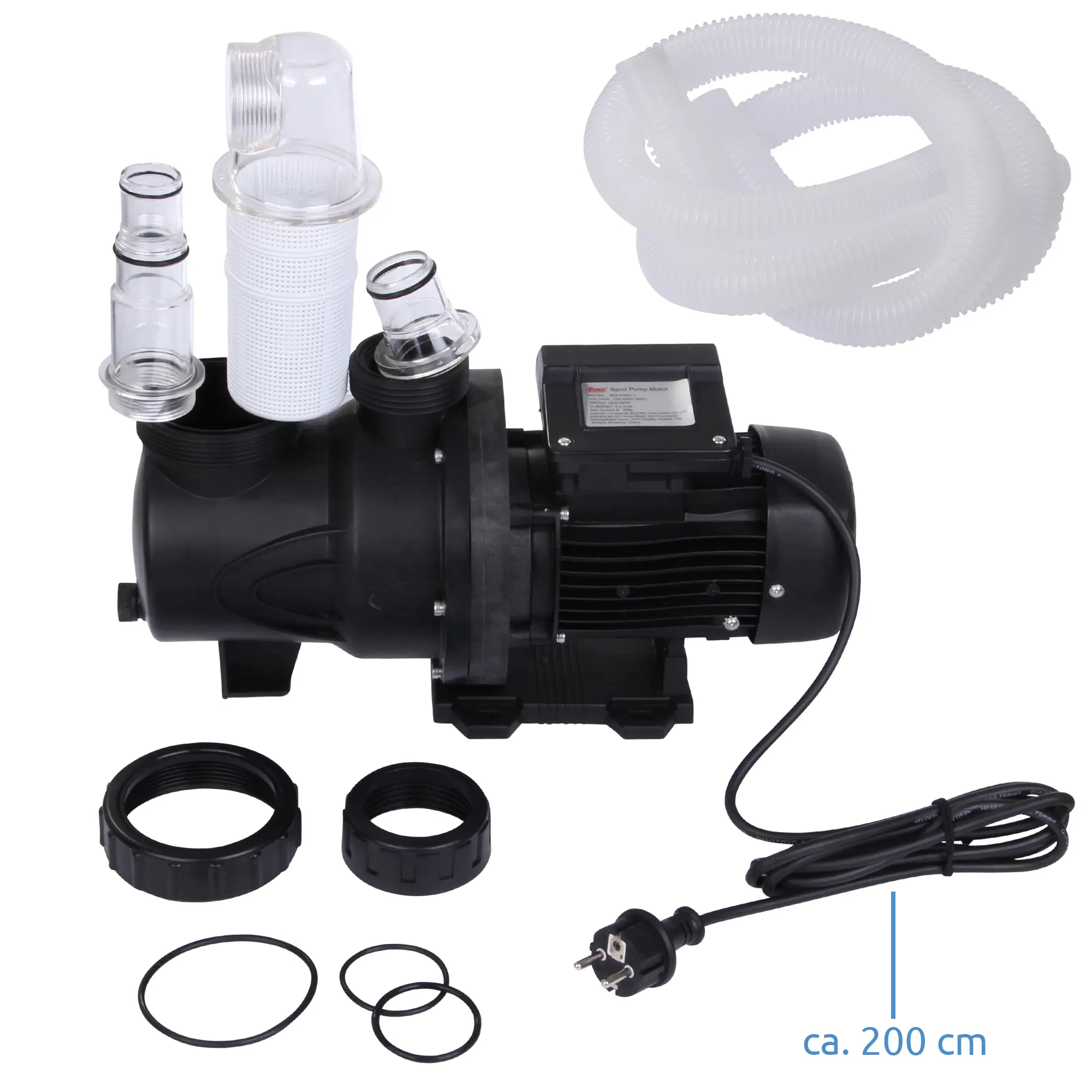 Bomba de filtro de arena yourGEAR SFP 6813 para piscina, cuerpo negro con conexiones transparentes, manguera flexible de 200 cm, aro de sellado y accesorios incluidos, ideal para piscinas hasta 30 m³.