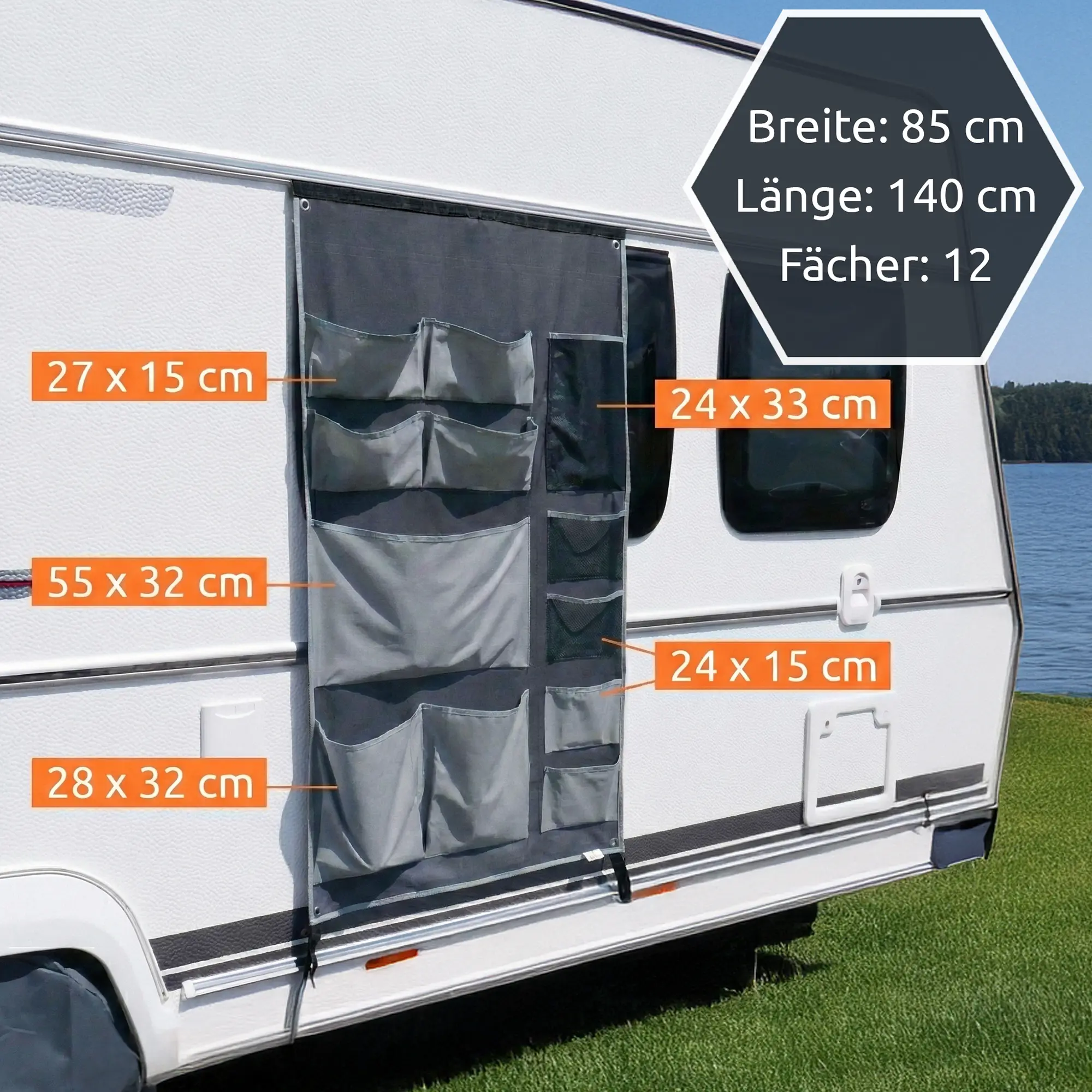Organizador colgante your GEAR para caravana, 140 x 85 cm, 12 bolsillos de varios tamaños, gris, instalado en la pared exterior de una caravana, ideal para tiendas o avances.