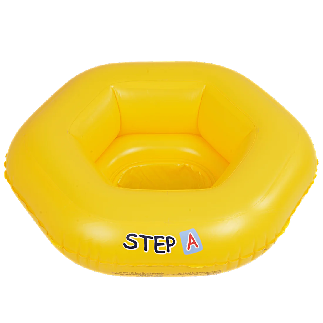 Yellow Jilong Baby Seat swim ring, 67x63 cm, with three air chambers, hexagonal shape, and “STEP A” printed on the front. Designed for babies up to 11 kg as a swimming aid.