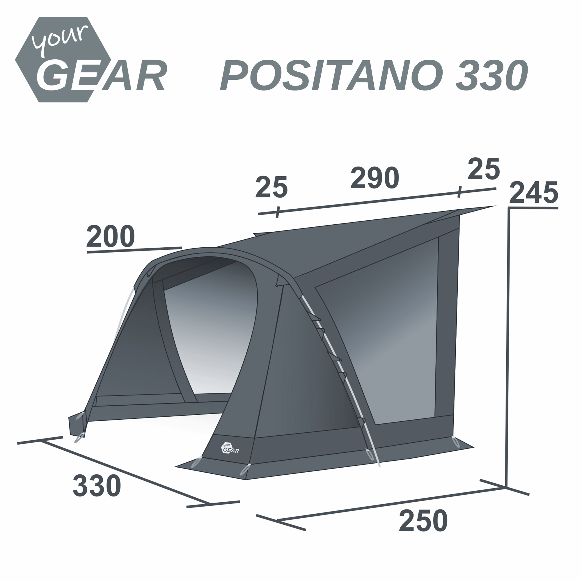 Auvent your GEAR Positano 330 pour caravane, 4 fenêtres, grande porte frontale, tissu Oxford robuste, protection UV 50+, armature aluminium, dimensions 330x250x245 cm, schéma avec mesures visibles.
