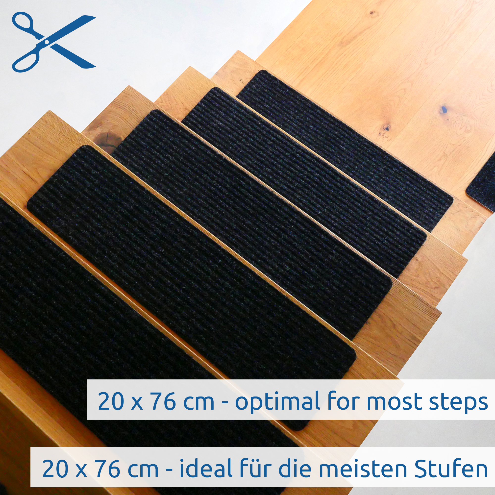 Grey yourGEAR stair treads 76x20cm with self-adhesive TPR backing, shown on wooden steps. Durable, anti-slip surface, reusable, ideal fit for most stairs, easy to remove and reposition.