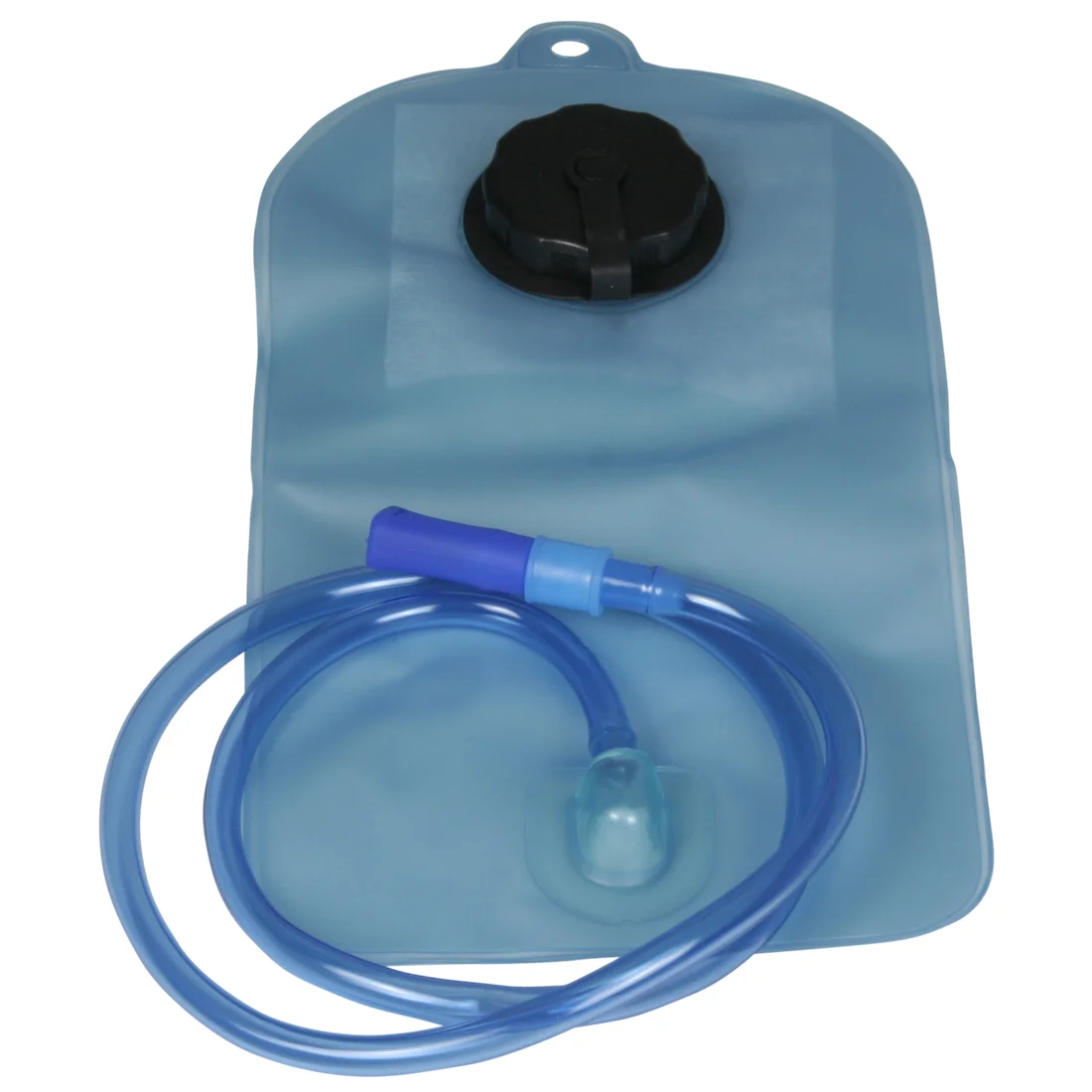10T WB 1.5L hydration bladder with screw cap and blue drinking tube for backpacks, ideal for trekking and hiking; transparent blue material, wide opening for easy filling and cleaning.