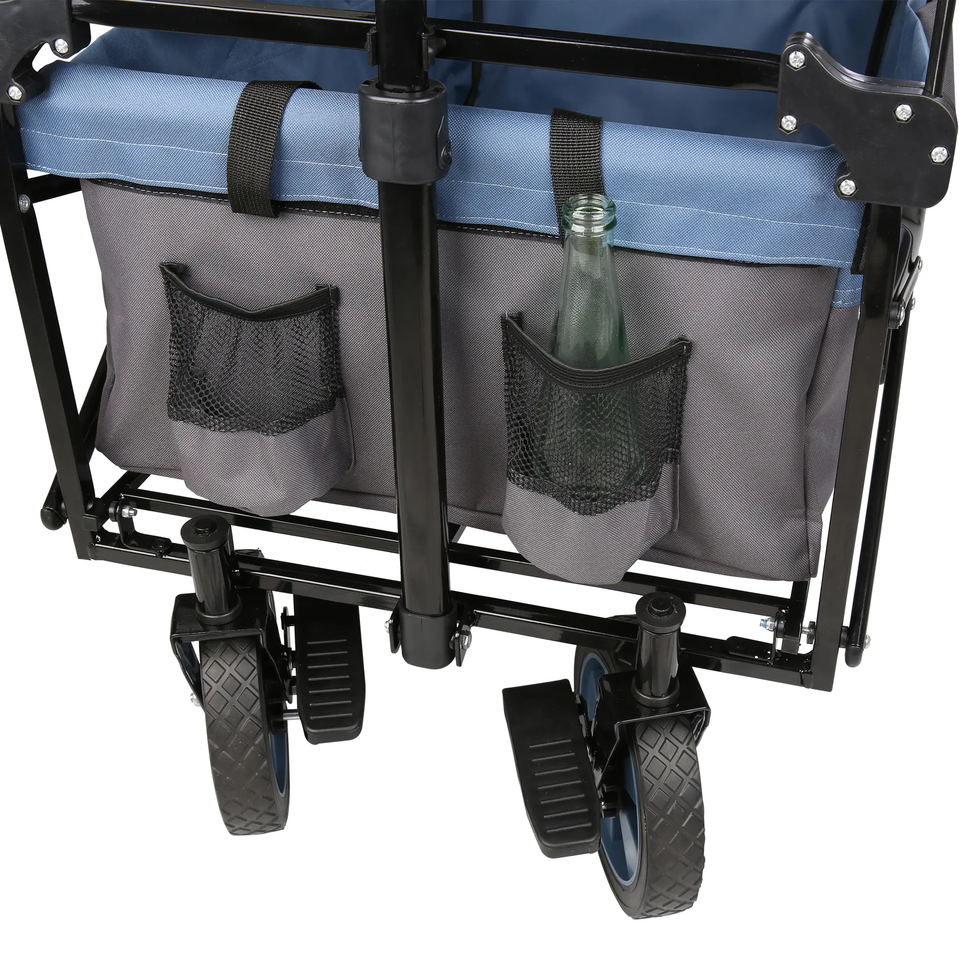 Faltbarer Bollerwagen your GEAR Cirrus XL in Grau-Blau, große Vollgummireifen mit Bremsen, Netz-Außentaschen, eine mit Glasflasche, stabile Stahlkonstruktion, geeignet für Outdoor und Freizeit.