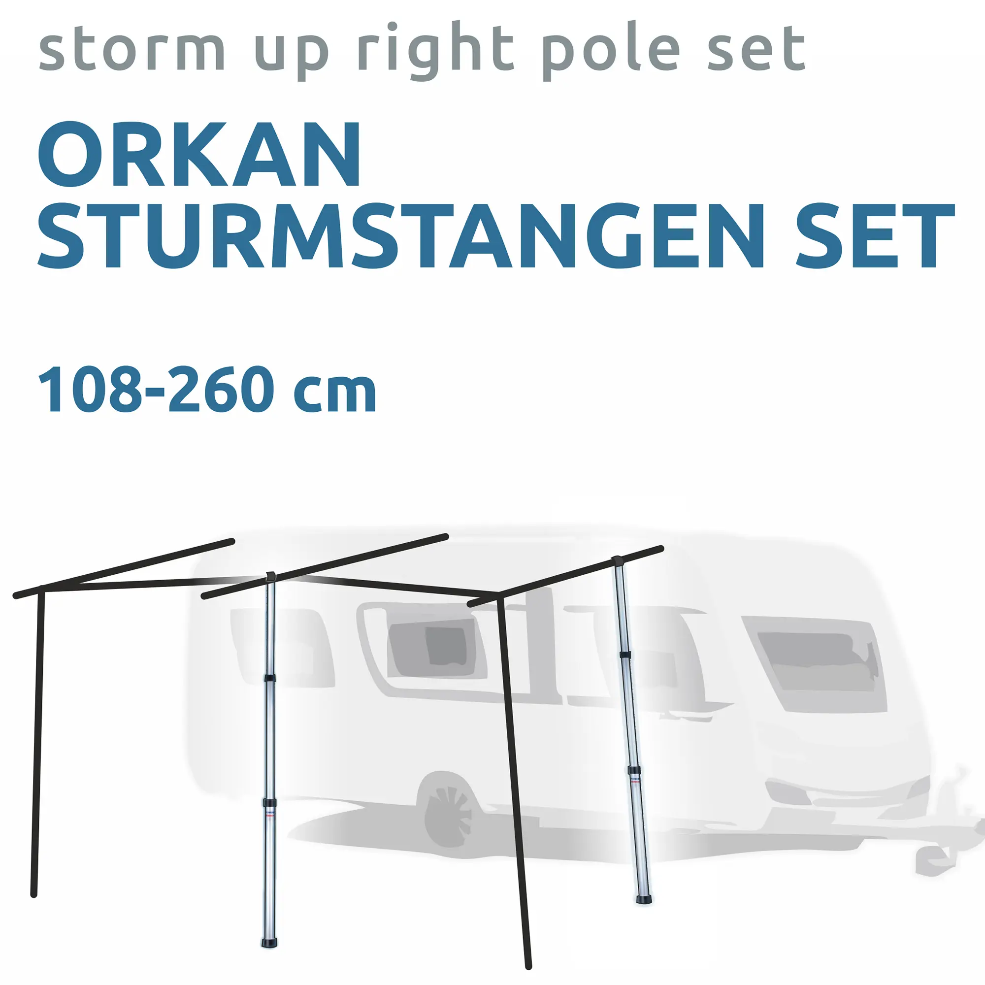 your GEAR Upright Pole Set with 2 telescopic storm poles, adjustable from 108–260 cm, shown reinforcing an awning frame in front of a caravan; ideal for wind and storm protection for awnings and tents.