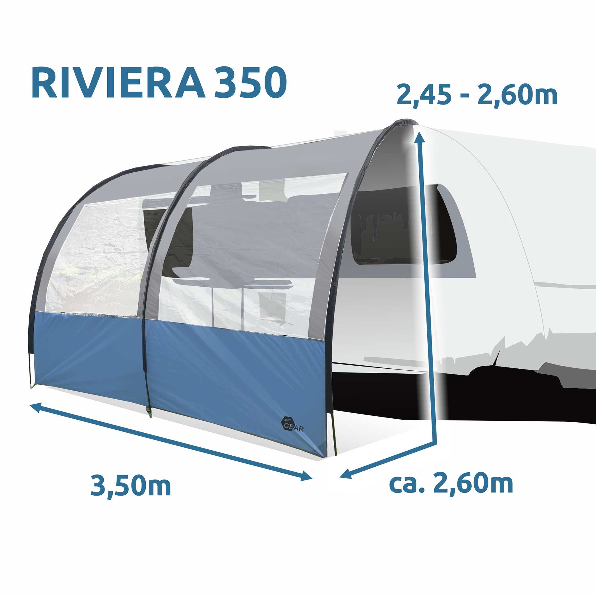 Auvent your GEAR Riviera 350 pour caravane, 3,5 x 2,6 m, avec grandes fenêtres panoramiques, tissu bleu et gris, protection UV 50+, adapté aux hauteurs de 2,45 à 2,60 m, montage facile.