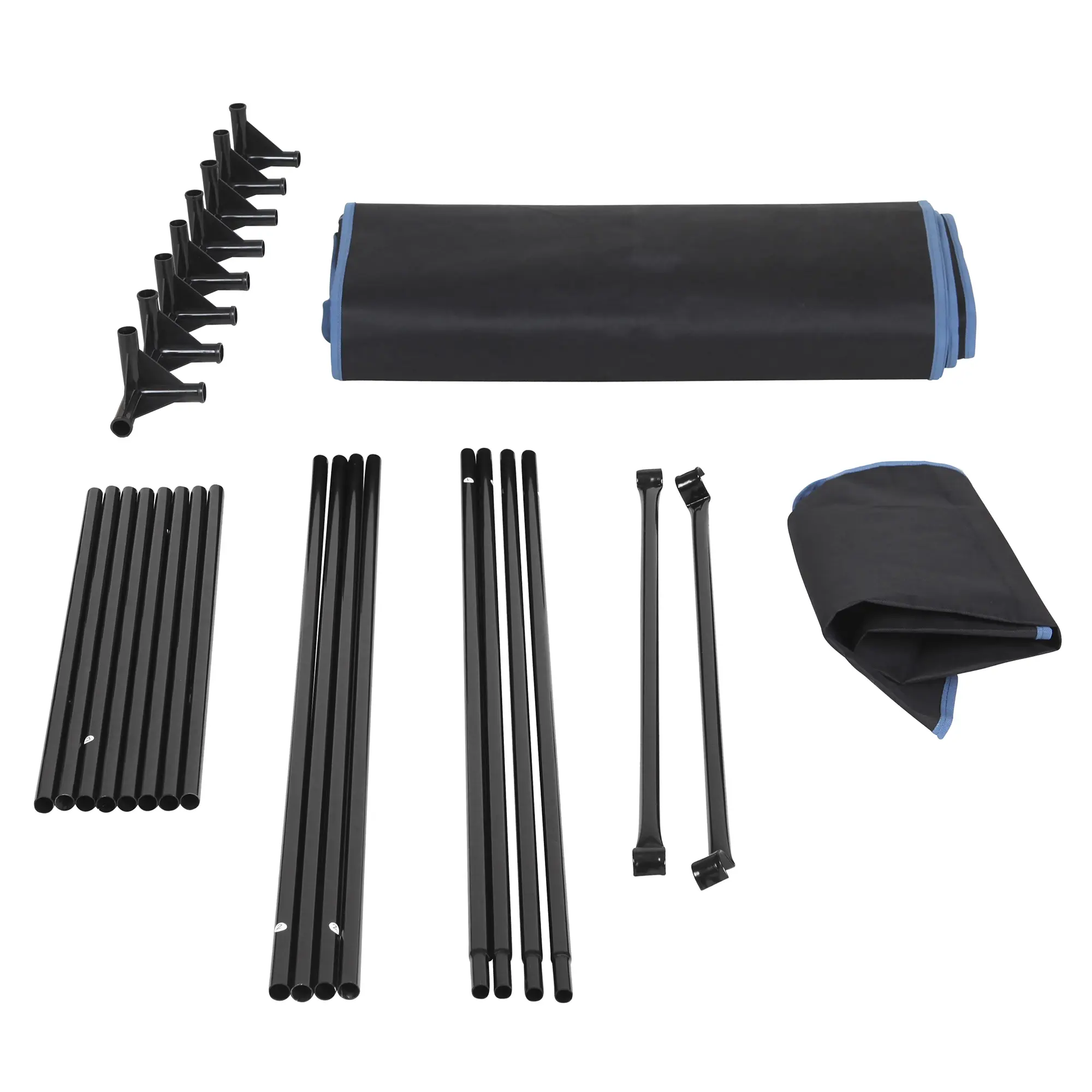 yourGEAR Grow Tent Plantsville kit, including black metal poles, connectors, a rolled-up black tent cover with blue trim, and fabric parts, suitable for indoor plant cultivation, 60x60x180 cm.