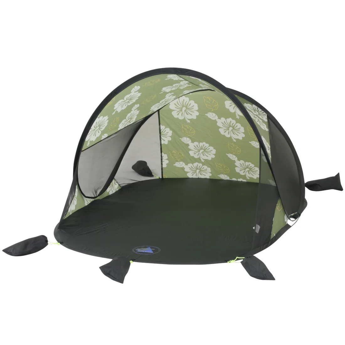 Pop Up Strandmuschel 10T Flower XL für 2 Personen, olivgrün mit weißen Blumenmotiven, inklusive Bodenplane, Sandtaschen und Gestänge, UV-Schutz 50+, offen, optimal als Sonnenschutz und Windschutz am Strand.