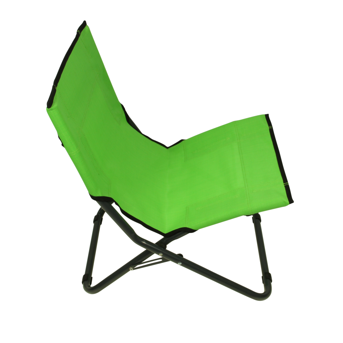 Green Fridani BCG XL folding beach chair with breathable fabric, black frame, and carrying handle. Lightweight, portable camping chair ideal for outdoor use, featuring a low, relaxed seating position.