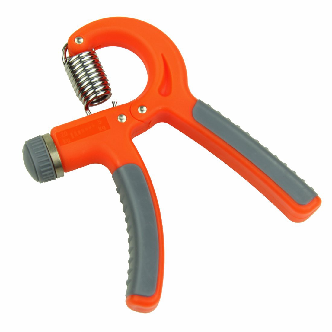 Adjustable orange and grey Carnegie finger trainer hand grip with visible resistance spring, ergonomic handles, and resistance dial, designed for strengthening fingers, hand, wrist, and forearm muscles, 5-20kg adjustable.
