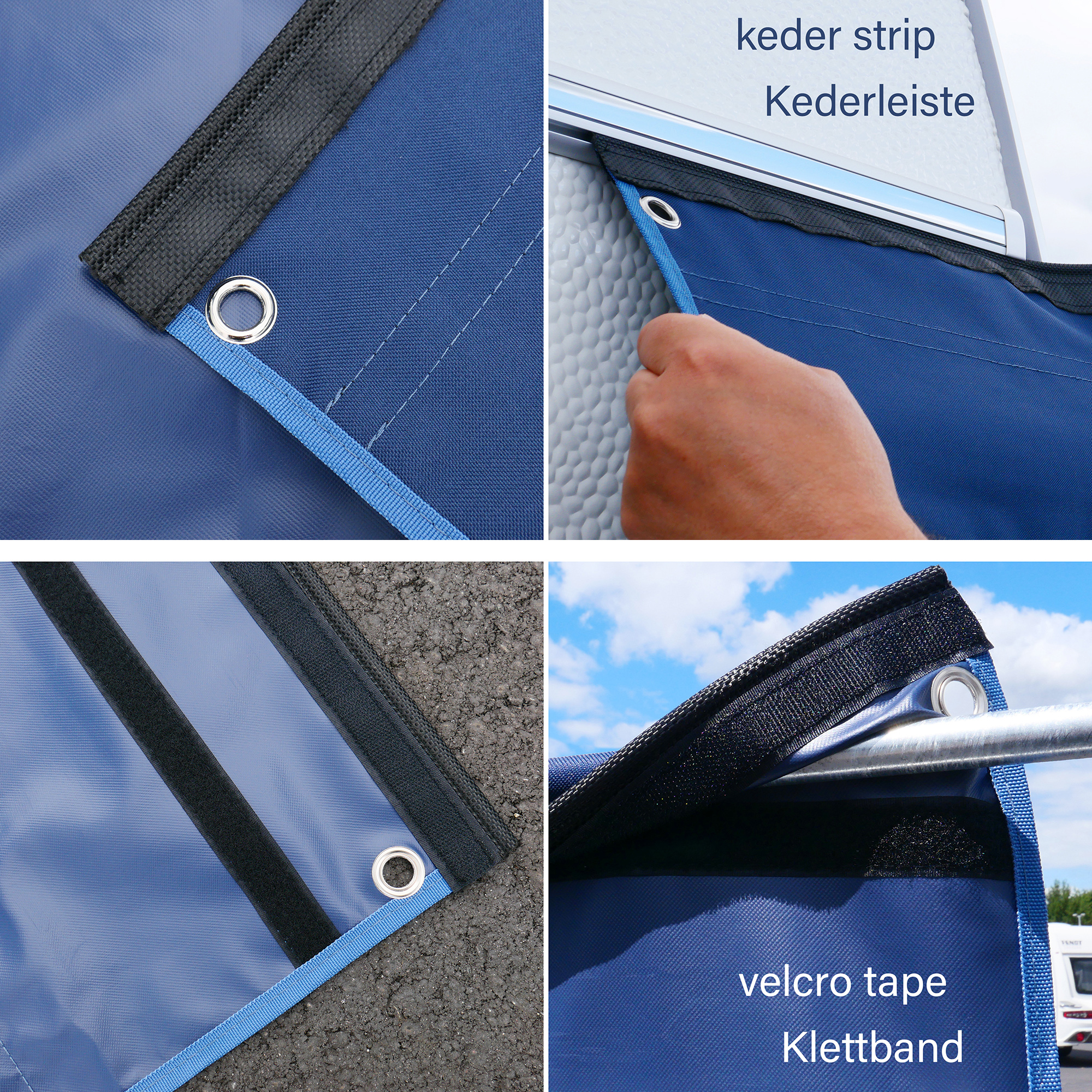 Close-up of your GEAR Caravan Organizer Shoe hanging shelf, showing blue fabric, metal eyelets, keder strip for rails, and velcro fastener for attaching in tents, awnings, caravans, or camper vans.