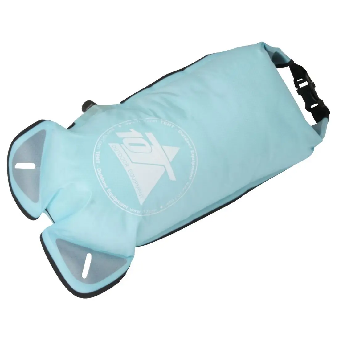 10T Dry Bag WPC 5 Liter, hellblauer wasserdichter Packsack mit seitlichem Ventil, schwarzem Rollverschluss und reflektierenden Elementen, schwimmfähig und komprimierbar, Outdoor Equipment Logo sichtbar.