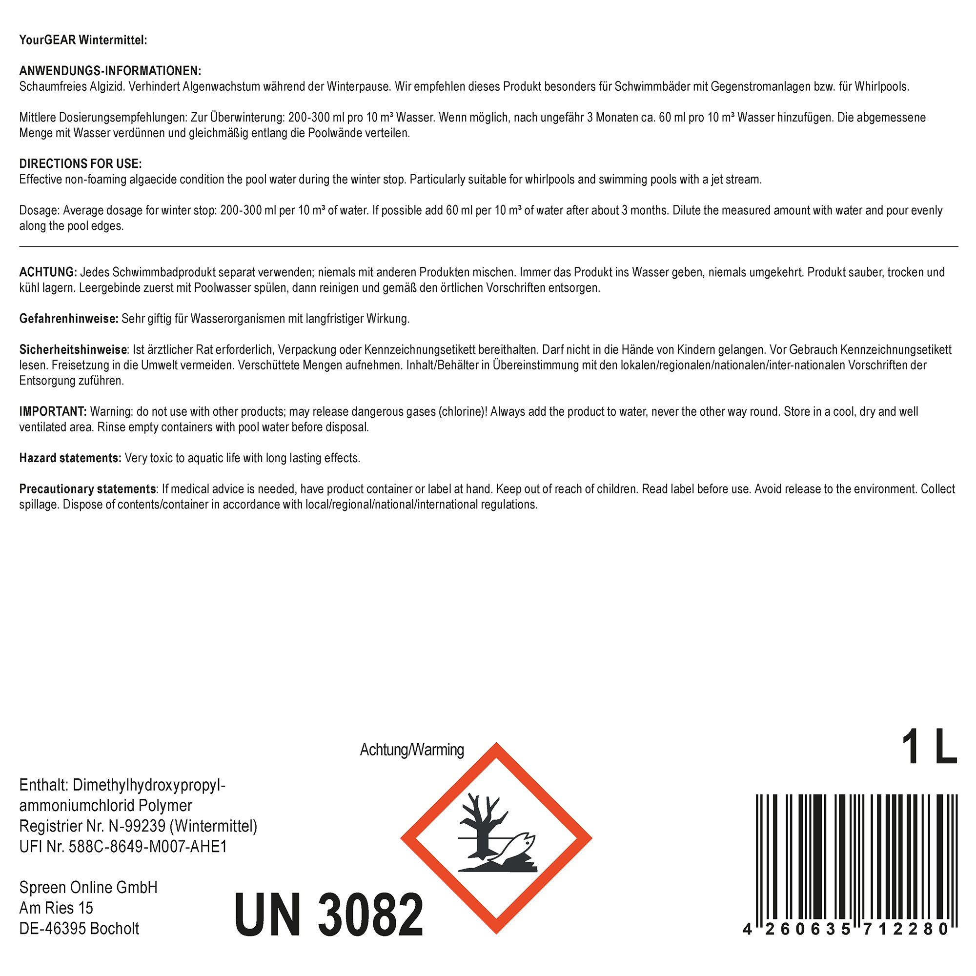 yourGEAR 1 L WinterCare Pool Winterizing Concentrate; white label with detailed instructions, hazard symbol, barcode, and product information; suitable for pool and whirlpool winter care; non-foaming algaecide.