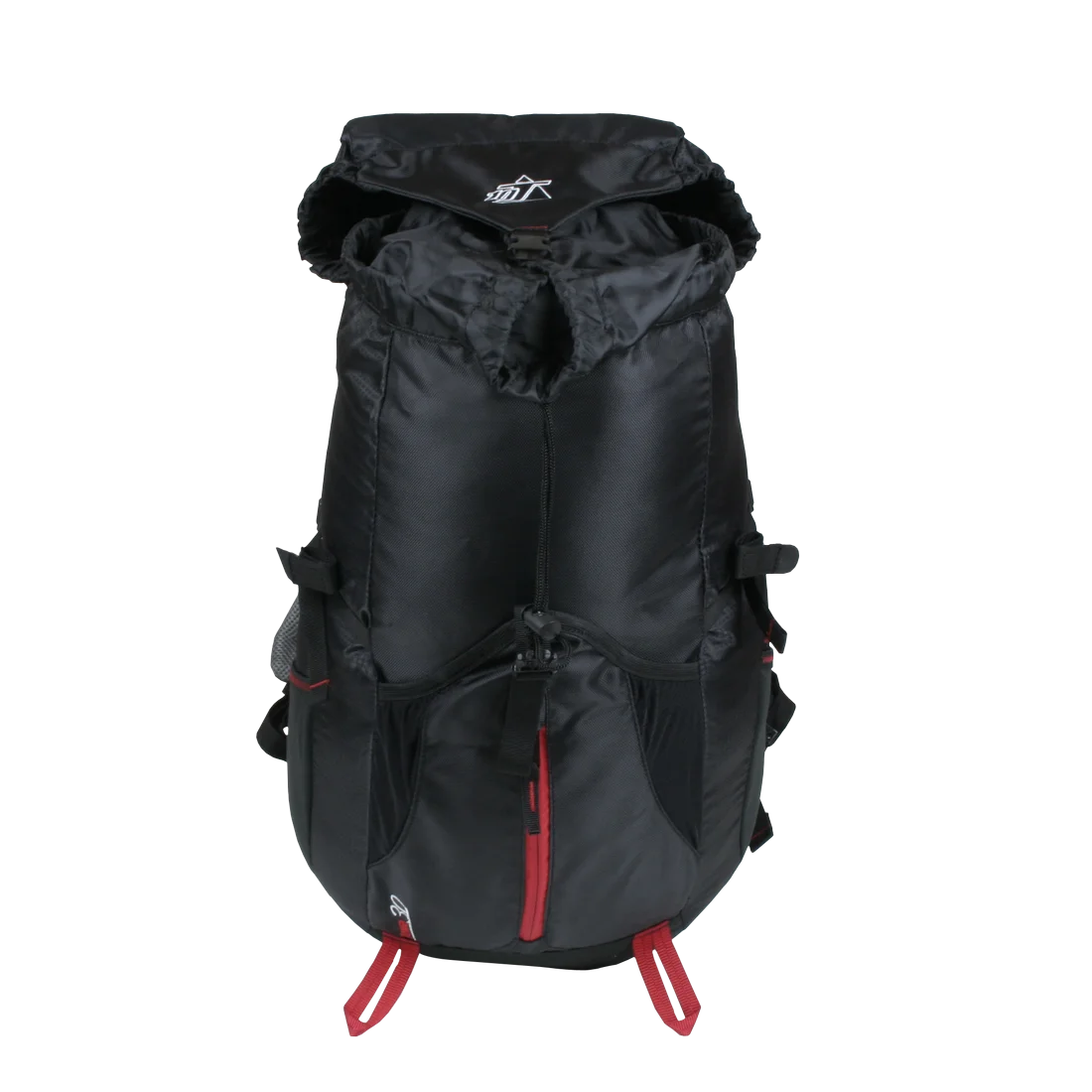 Black 10T Towa 30L hiking backpack with front zipper, adjustable straps, red accents, top lid, and side pockets. Features include rain cover and ventilation system, ideal for trekking and day trips.