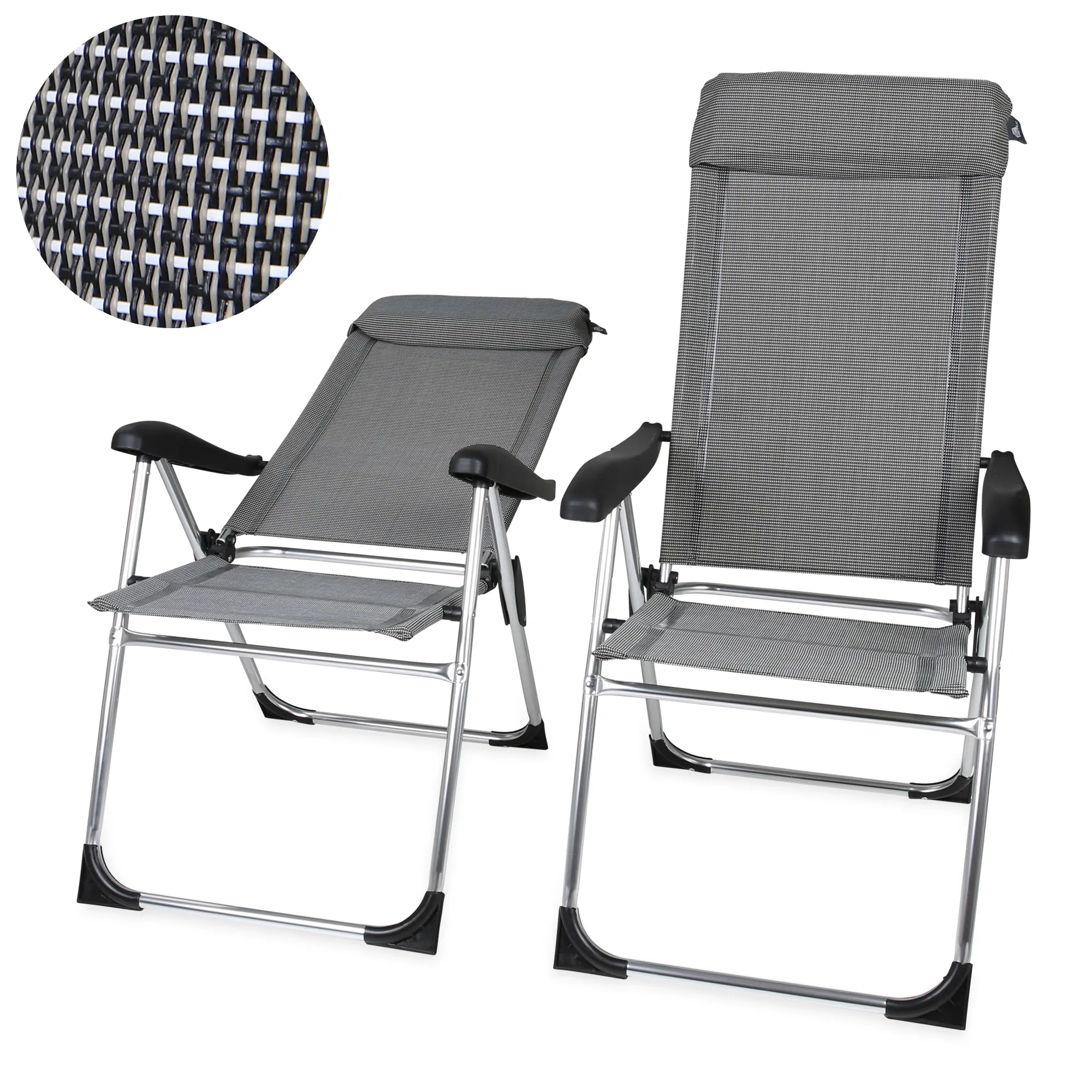 Set di 2 sedie da giardino your GEAR Novara con schienale alto regolabile in 7 posizioni, struttura in alluminio leggera, tessuto PVC grigio a tre colori, poggiatesta imbottito, portata fino a 140 kg.