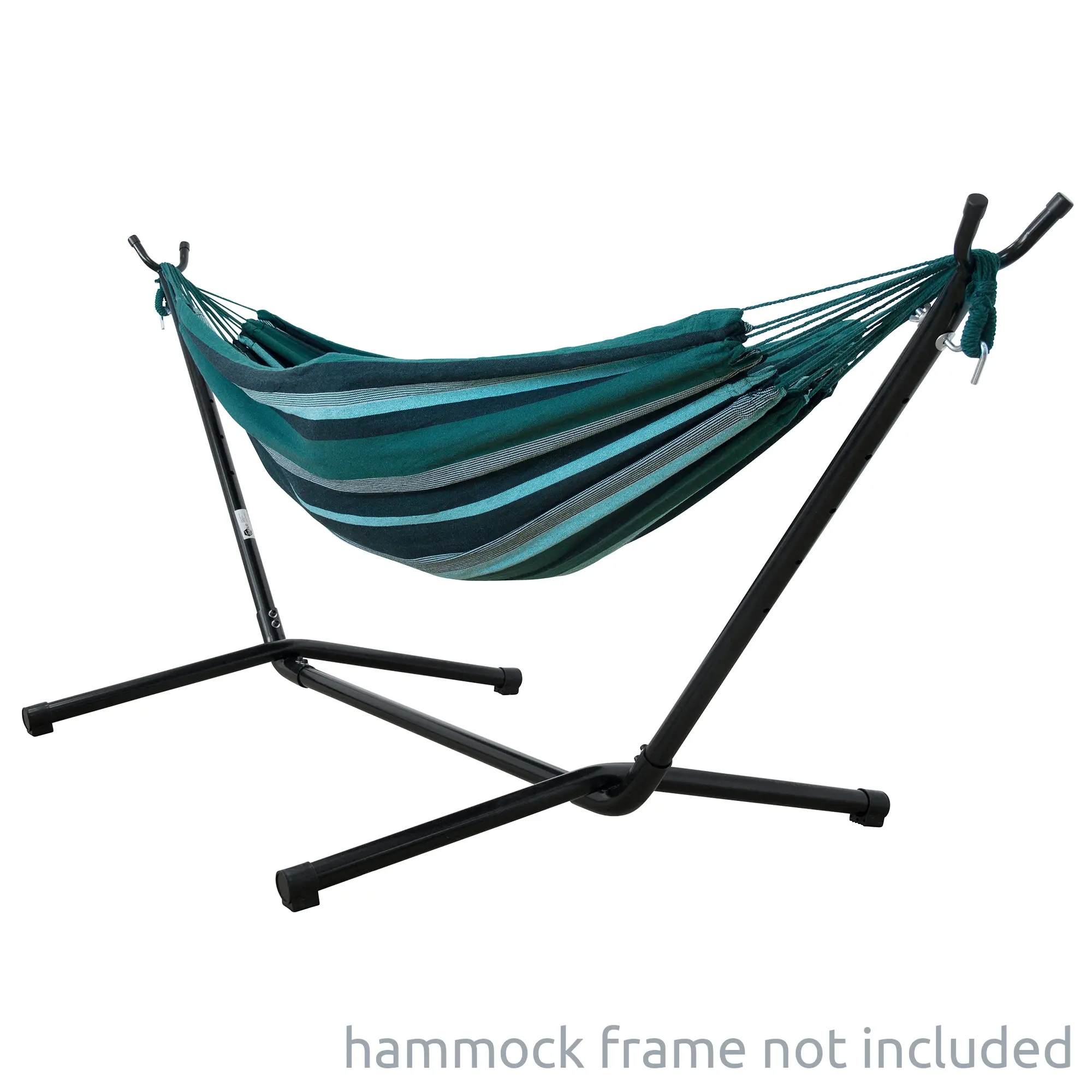 yourGEAR Cebu Smaragd Hängematte 220x160 cm aus Baumwolle, grün-blau gestreift, XXL Doppelhängematte für 300 kg, auf schwarzem Gestell präsentiert; Gestell nicht im Lieferumfang.