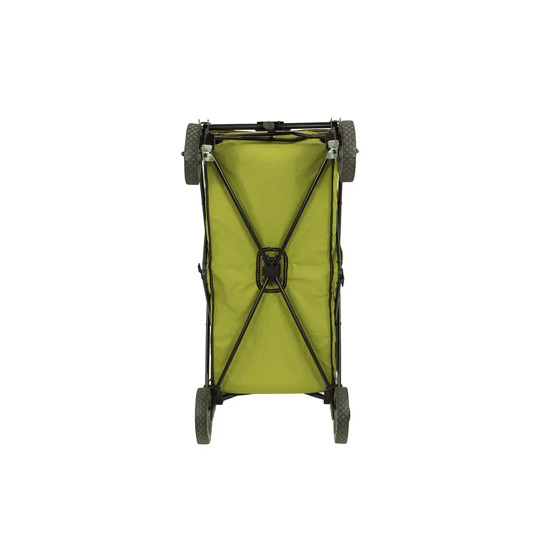 Bollerwagen 10T Cooler Trolley in grün, zusammengefaltet, mit stabilem Metallrahmen und vier großen Reifen, kompaktes Design, ideal für Strand, Ausflüge und Picknick, integriertes Kühlfach nicht sichtbar.