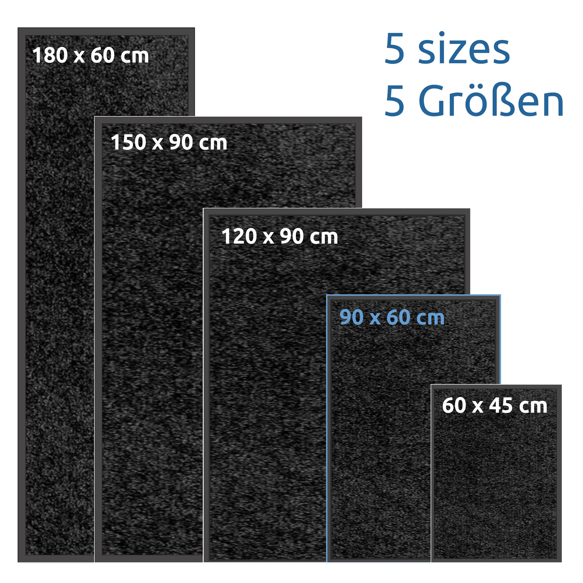 yourGEAR dirt-trapping mat in black, shown in five sizes (180x60, 150x90, 120x90, 90x60, 60x45 cm), anti-slip, washable, dense velour pile, suitable for indoor and outdoor use.