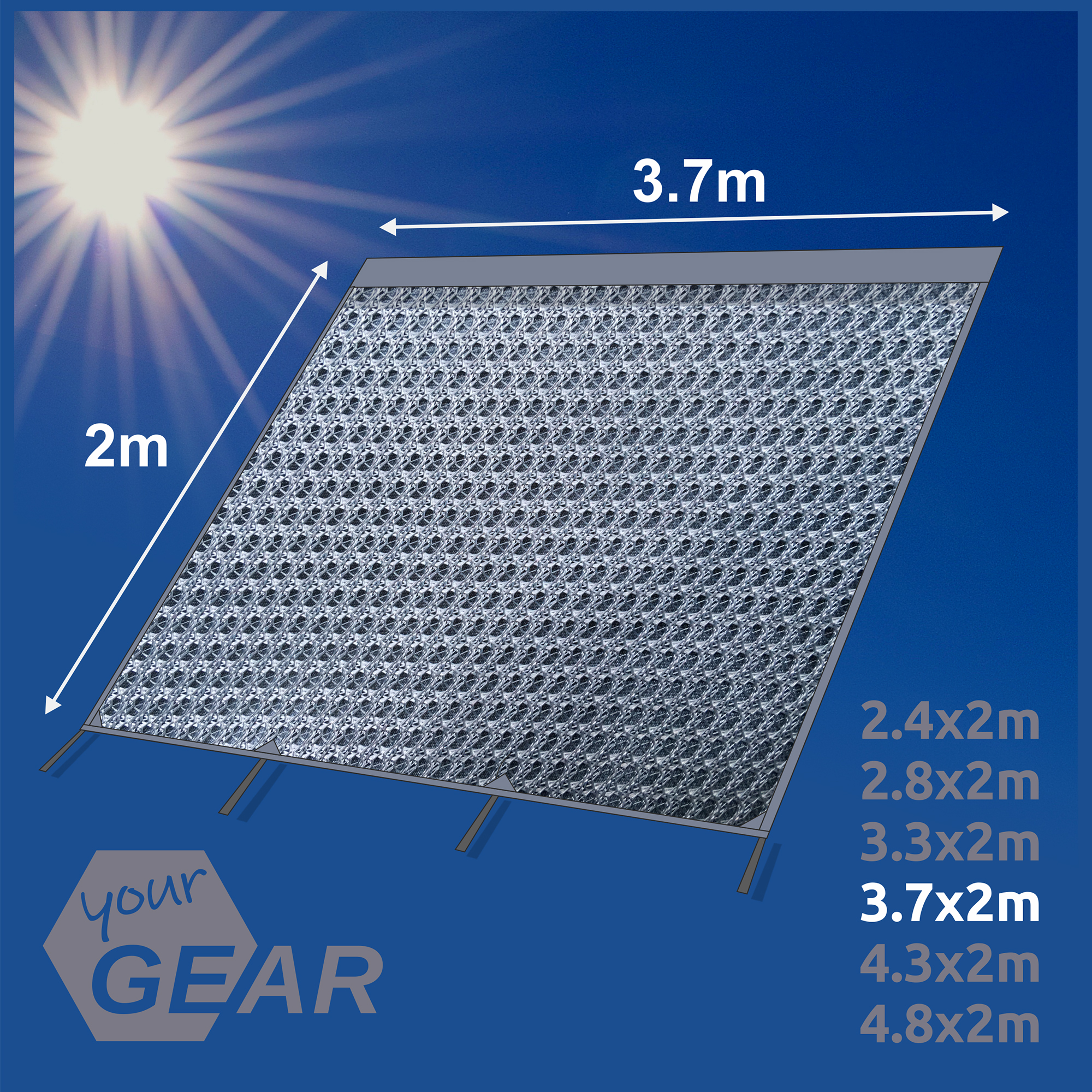 Paroi avant your GEAR Capri Sun Blocker 3,7 x 2 m pour auvent, tissu spécial ajouré, protection solaire et intimité pour camping-car, bus ou caravane, illustrée avec dimensions sur fond ensoleillé.