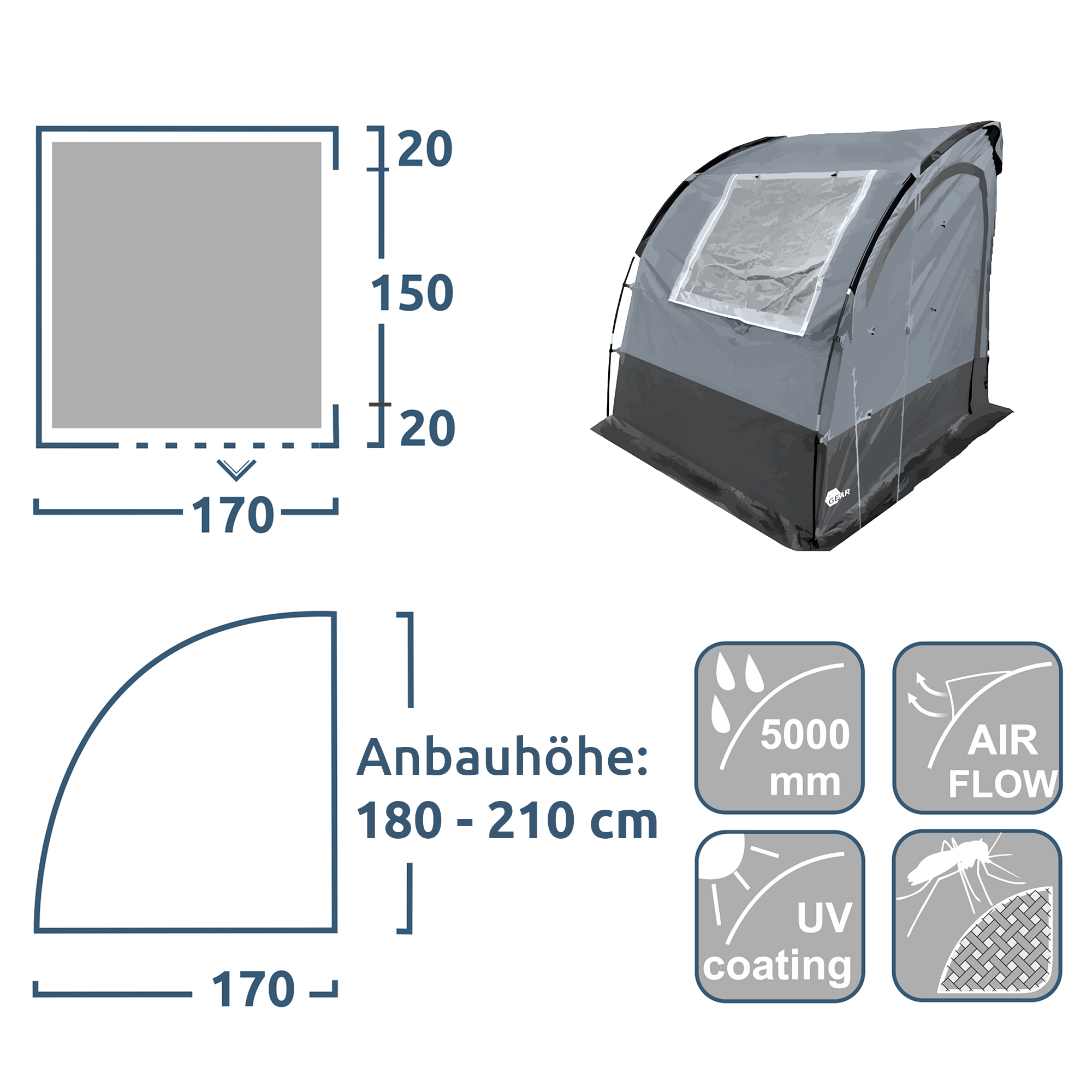 Tente arrière pour caravane your GEAR Venecia 190x170 cm gris, entrée large avec fenêtre transparente, jupe de sol incluse, montage keder, résistante 5000 mm, traitement UV et aération, idéale comme rangement ou cuisine.