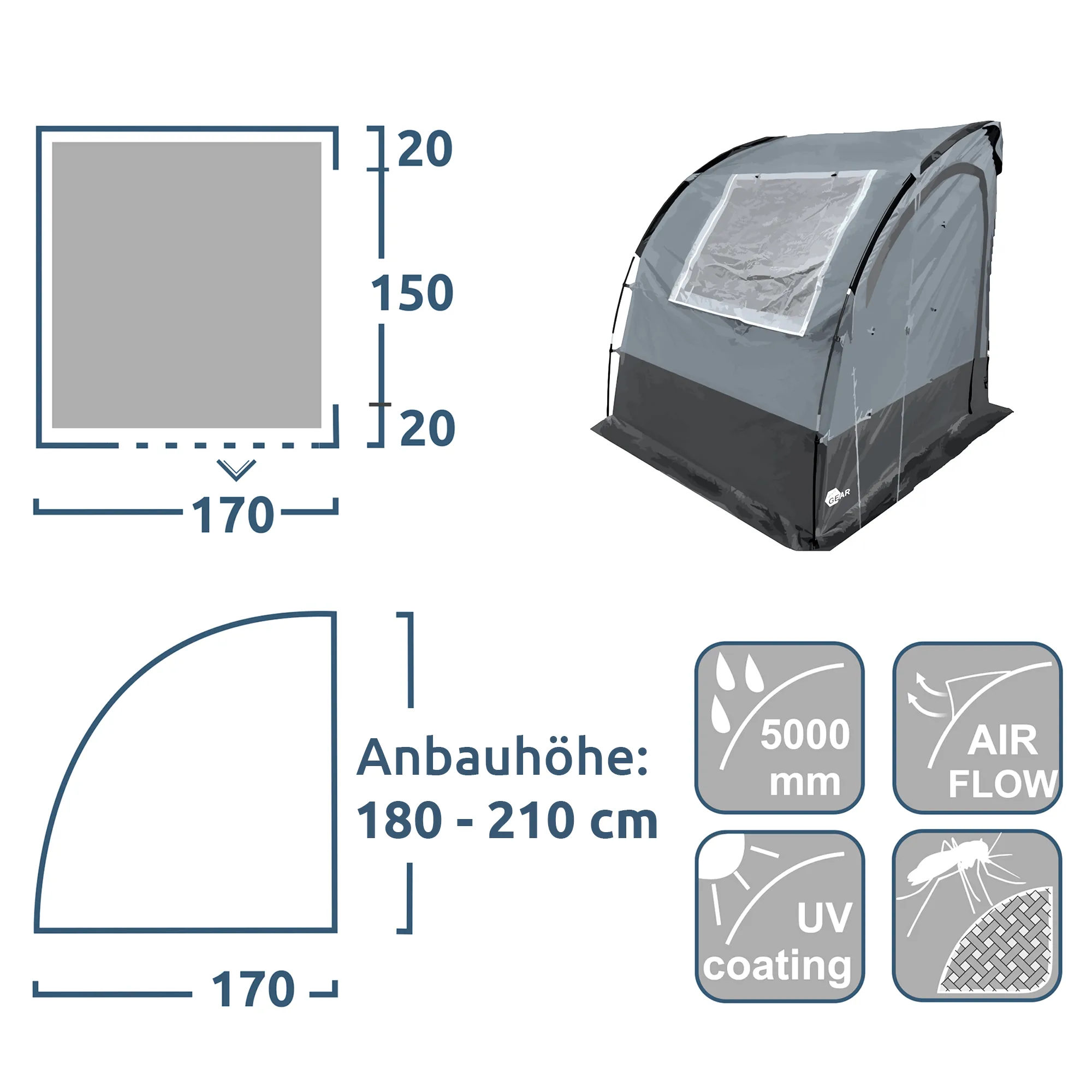 Tente arrière pour caravane your GEAR Venecia 190x170 cm gris, entrée large avec fenêtre transparente, jupe de sol incluse, montage keder, résistante 5000 mm, traitement UV et aération, idéale comme rangement ou cuisine.