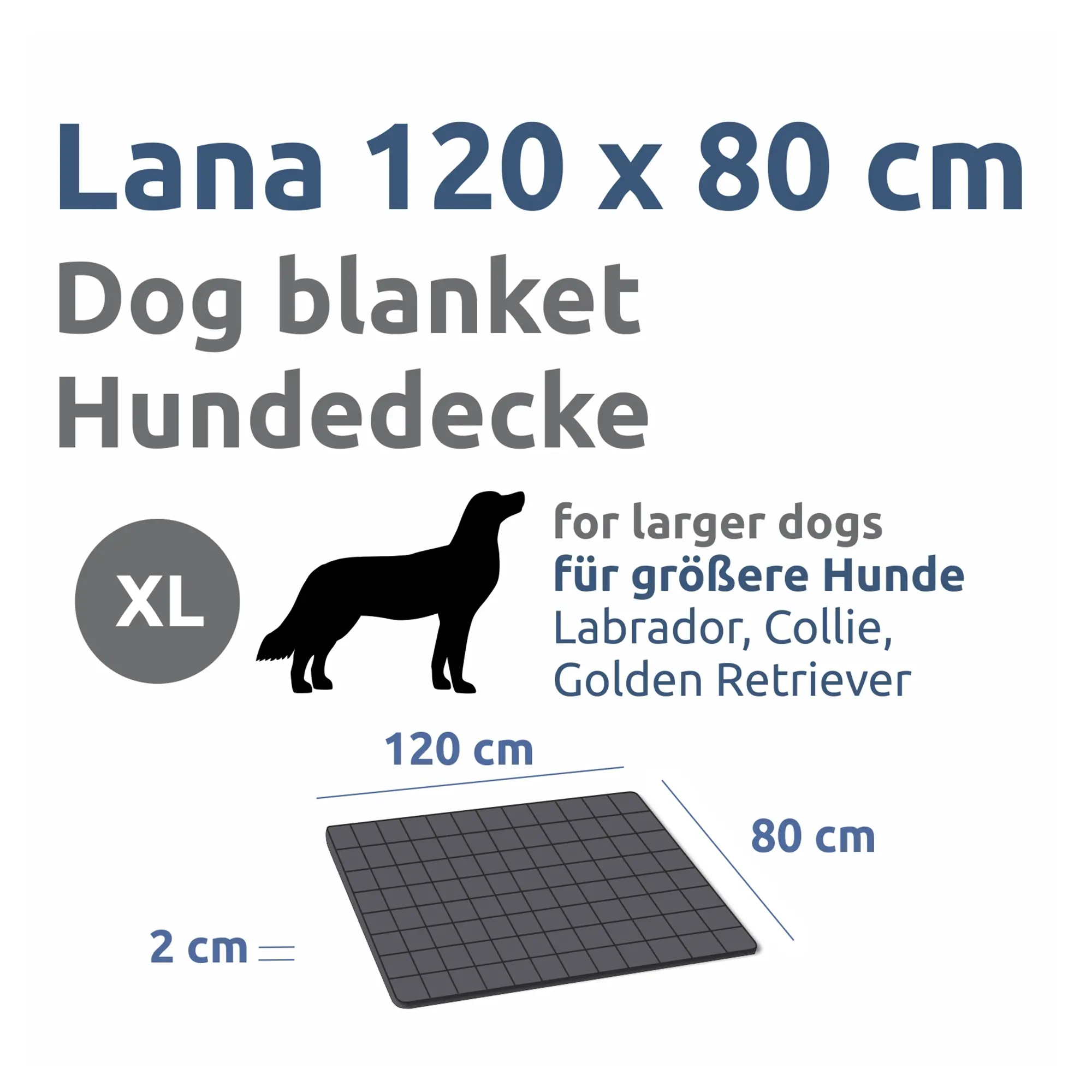 your GEAR Lana dog blanket 120 x 80 cm, XL size, quilted and padded, suitable for large dogs like Labrador, Collie, Golden Retriever; grey color, 2 cm thick, OEKO-TEX cotton, robust, washable.