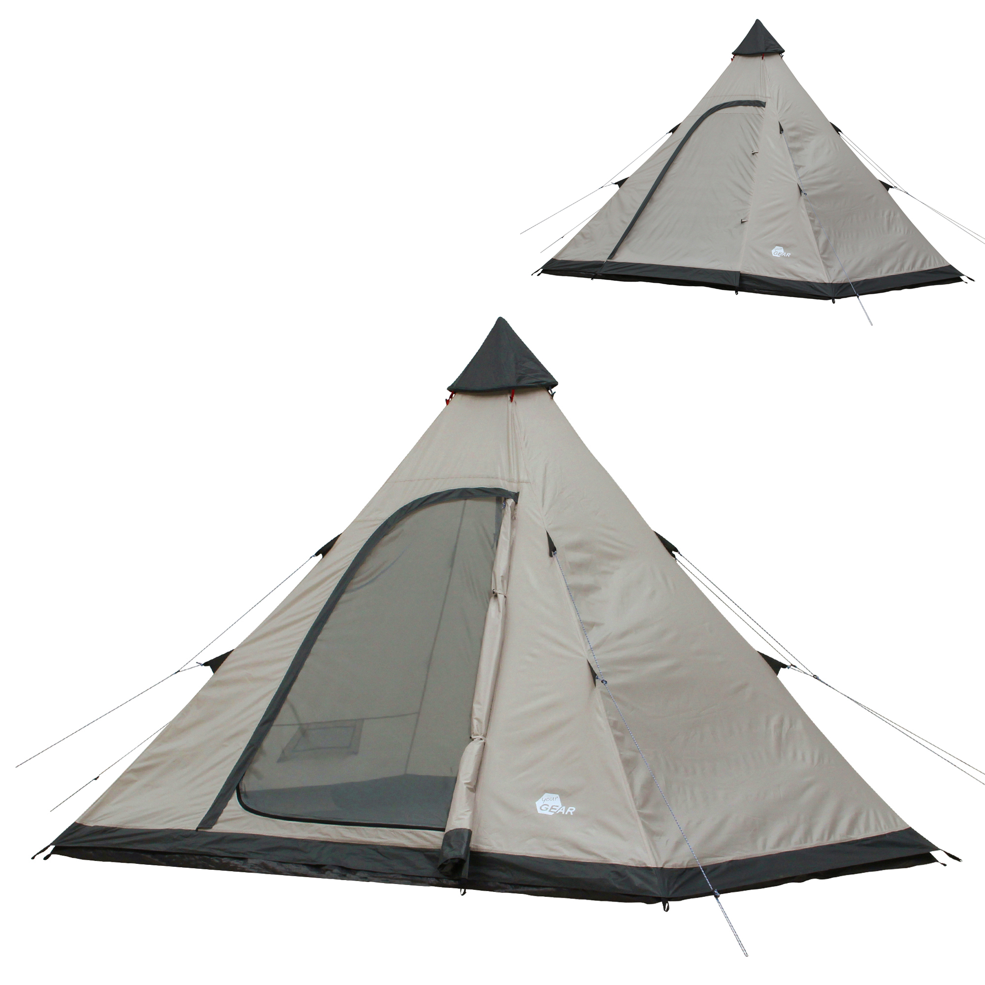 your GEAR Lido 370 tipi tent for 4 people, beige with black trim, features a high entrance with insect screen, sewn-in bathtub floor, waterproof material, and pyramid shape. Ideal for camping and family use.