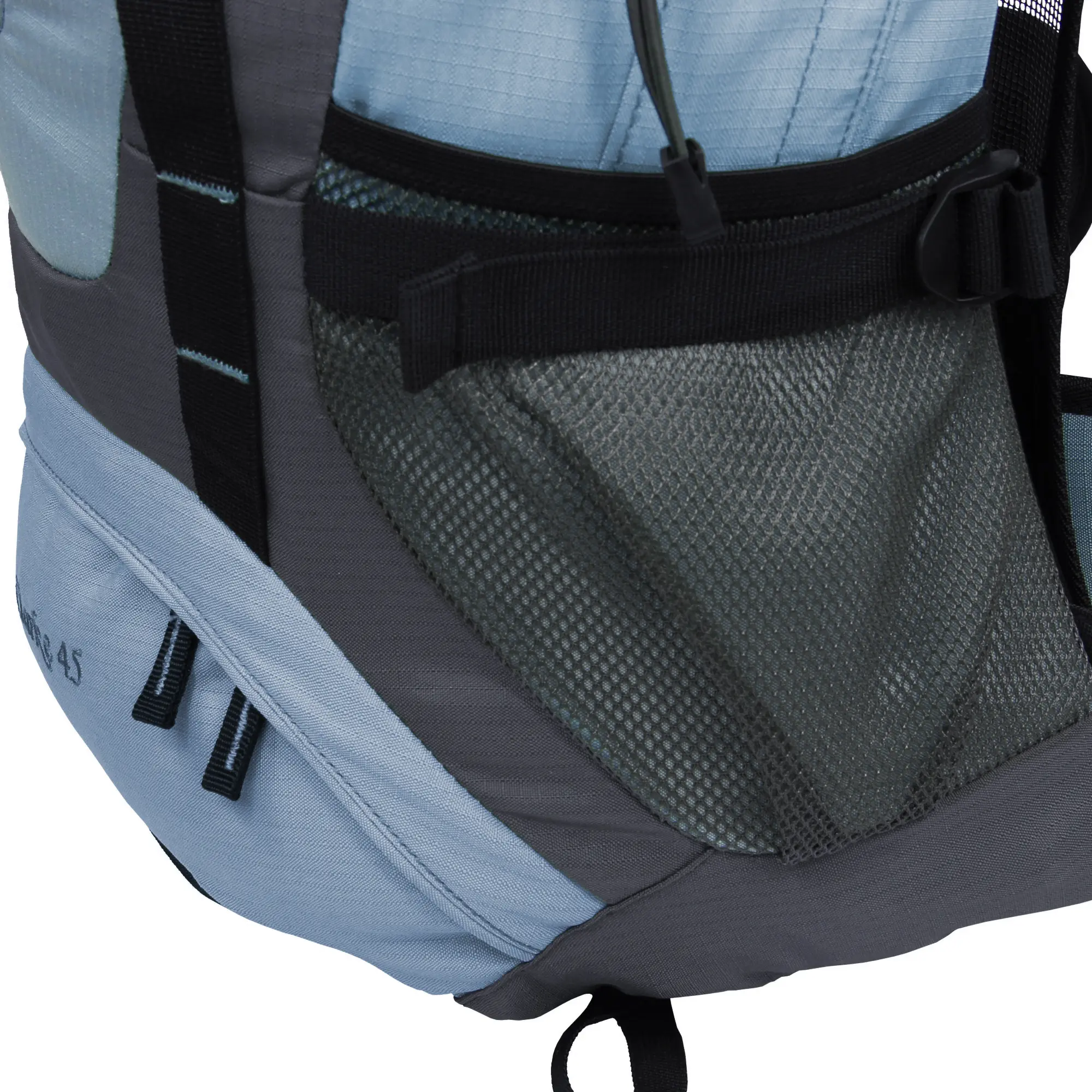Nahaufnahme des 10T Clarke 45L Tourenrucksacks in Grau und Blau, mit seitlicher Netztasche, robuster Verarbeitung und sichtbarem Reißverschlussfach, ideal für Outdoor und Wandern.