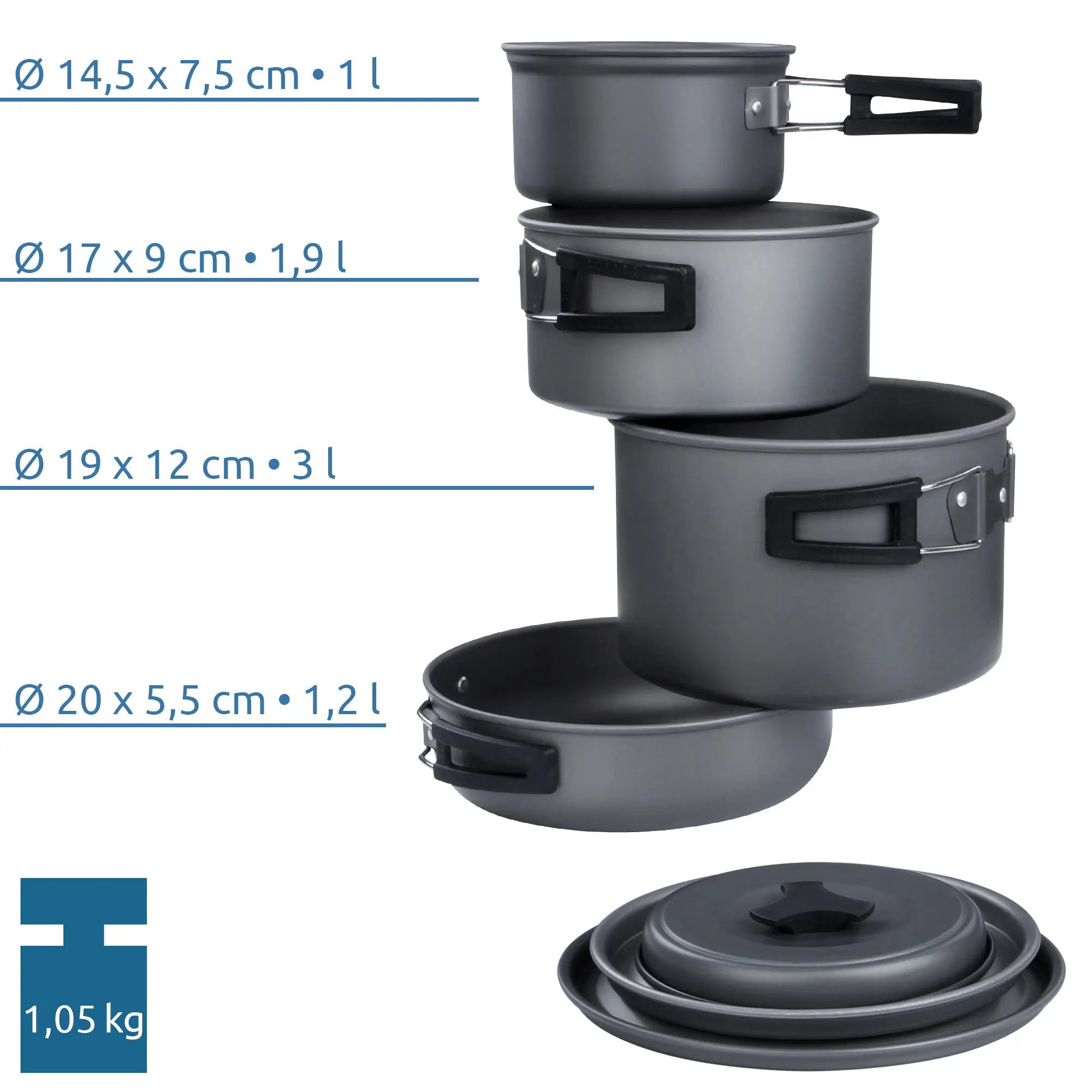 your GEAR Ranger V camping cookware set with 3 grey pots (1L, 1.9L, 3L), 1 frying pan (1.2L), matching lids, foldable handles, shown stacked and separated, total weight 1.05 kg, for 4-5 people.
