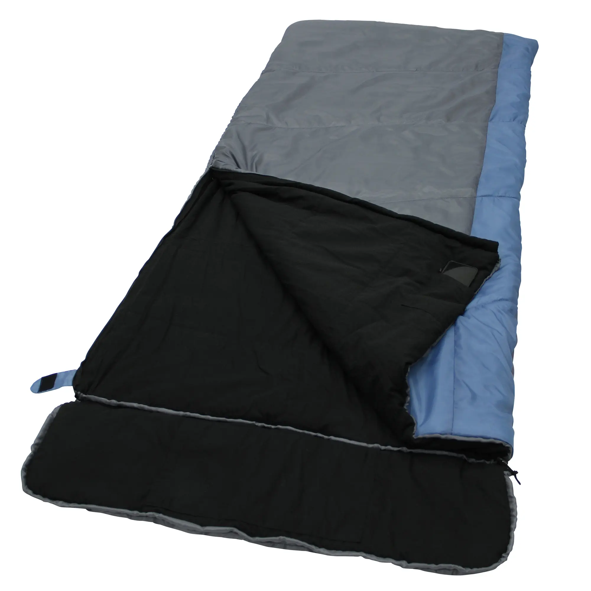 yourGEAR XXL Schlafsack Sumatra, 230x100 cm, blau-grau, rechteckig mit abnehmbarem Kopfteil, schwarzem Flanell-Innenfutter aus Baumwolle, geeignet für 3-4 Jahreszeiten, geöffnet dargestellt.