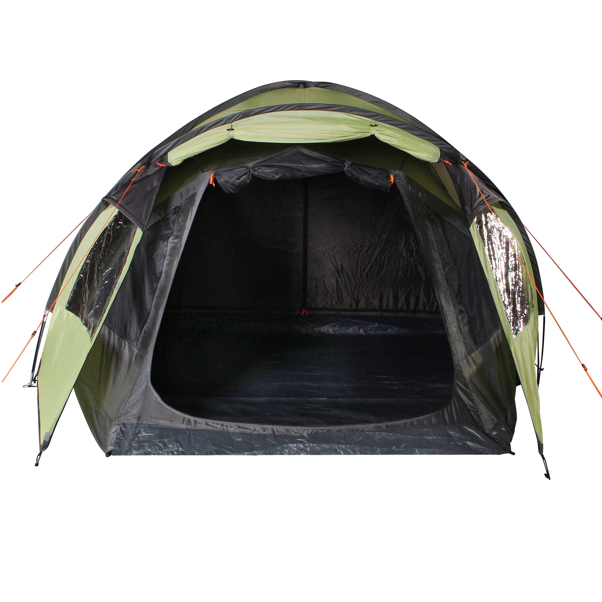 Grünes 4-Personen-Kuppelzelt 10T Glenhill Beechnut mit großem Eingang, blickdichten Fenstern und geräumiger XXL-Schlafkabine, wasserdicht, mit Bodenwanne und Insektenschutz, geeignet für Familien-Camping.