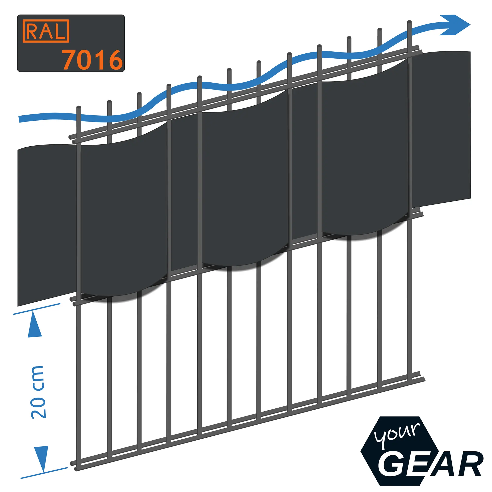 Bande de protection visuelle yourGEAR en PVC rigide gris anthracite RAL 7016, 252x19 cm, installée sur un panneau de clôture à double fil, texture ondulée, indication de hauteur 20 cm, logo yourGEAR en bas à droite.