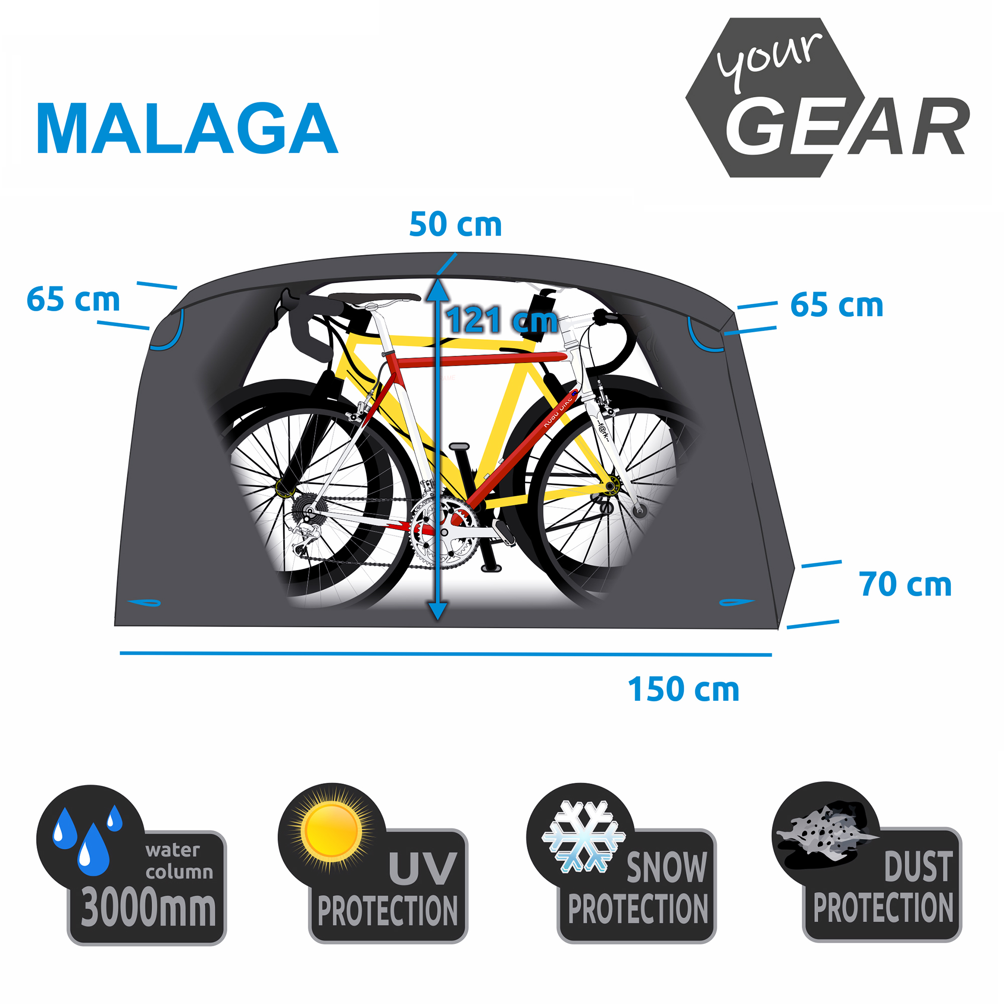 Housse yourGEAR Malaga pour 2 vélos sur porte-vélos arrière, dimensions 150x70x121 cm, protège contre l’eau, UV, neige et poussière, adaptée vélos 28", couleur gris, logo yourGEAR visible.