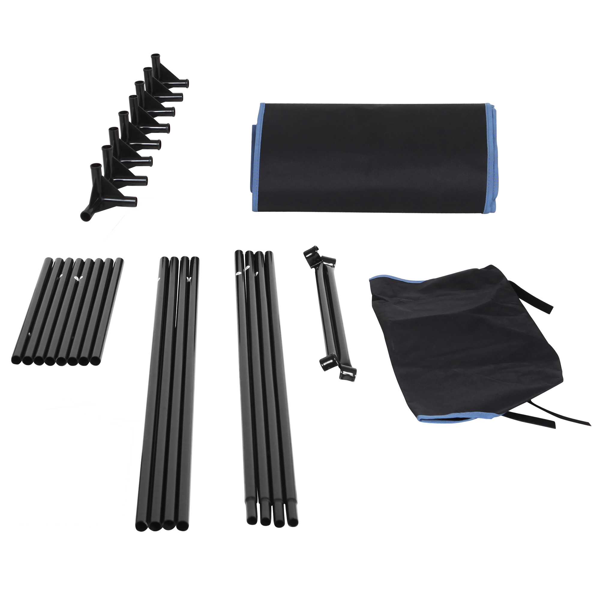 Set-Inhalt des yourGEAR Growzelts Plantsville 40x40x160 cm: schwarze Metallstangen, Eckverbinder, Zeltplane und Tragetasche, alles zur einfachen Montage des Indoor Gewächshauses auf weißem Hintergrund angeordnet.