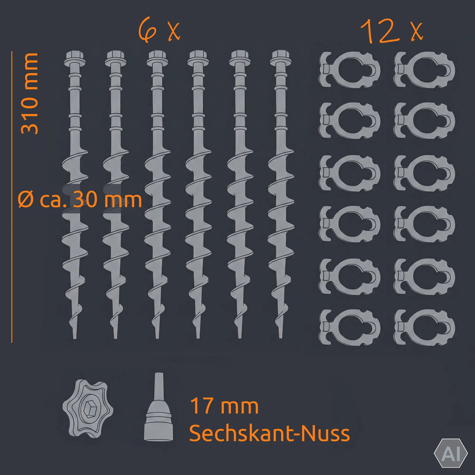 your GEAR Schraubhering SCR 31 cm - 6 XXL Zeltheringe für lockere, weiche und sandige Böden