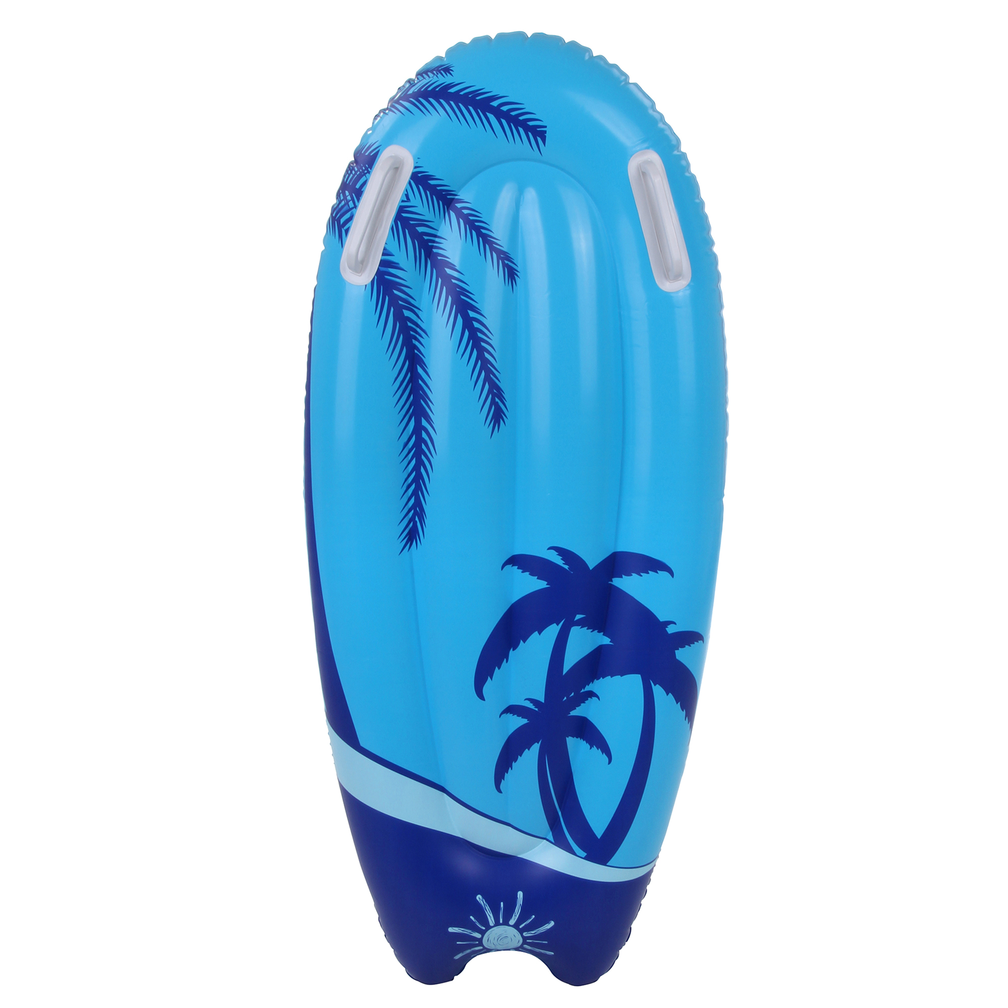 Bodyboard gonflable Jilong Kick-Board Blue Wave bleu, 95x45x15 cm, décor palmiers, deux poignées blanches ergonomiques sur le dessus, adapté pour piscine, plage ou mer, jouet d’eau pour enfants.
