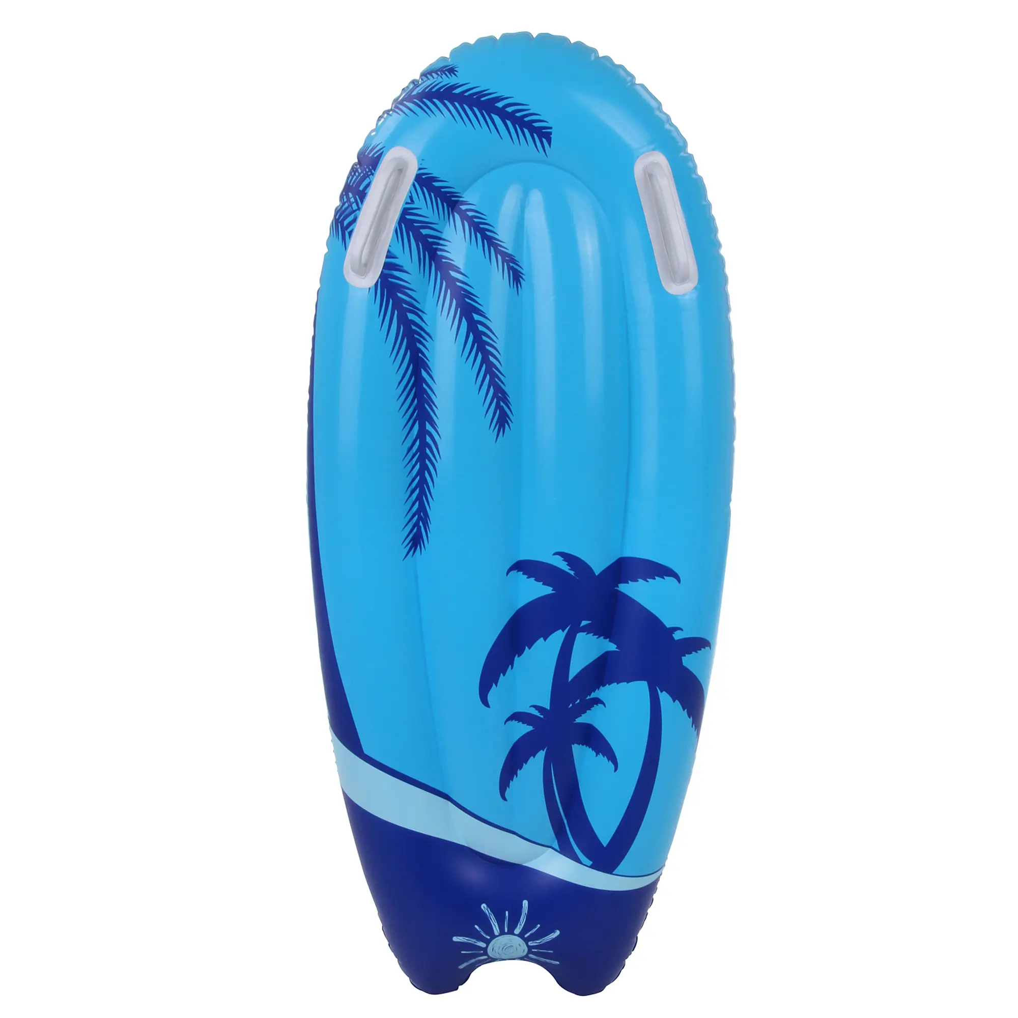 Tavola da surf gonfiabile Jilong Kick-Board Blue Wave 95x45x15 cm, design blu con palme stampate e due maniglie bianche ergonomiche sulla parte superiore, ideale per bambini e giochi in acqua.