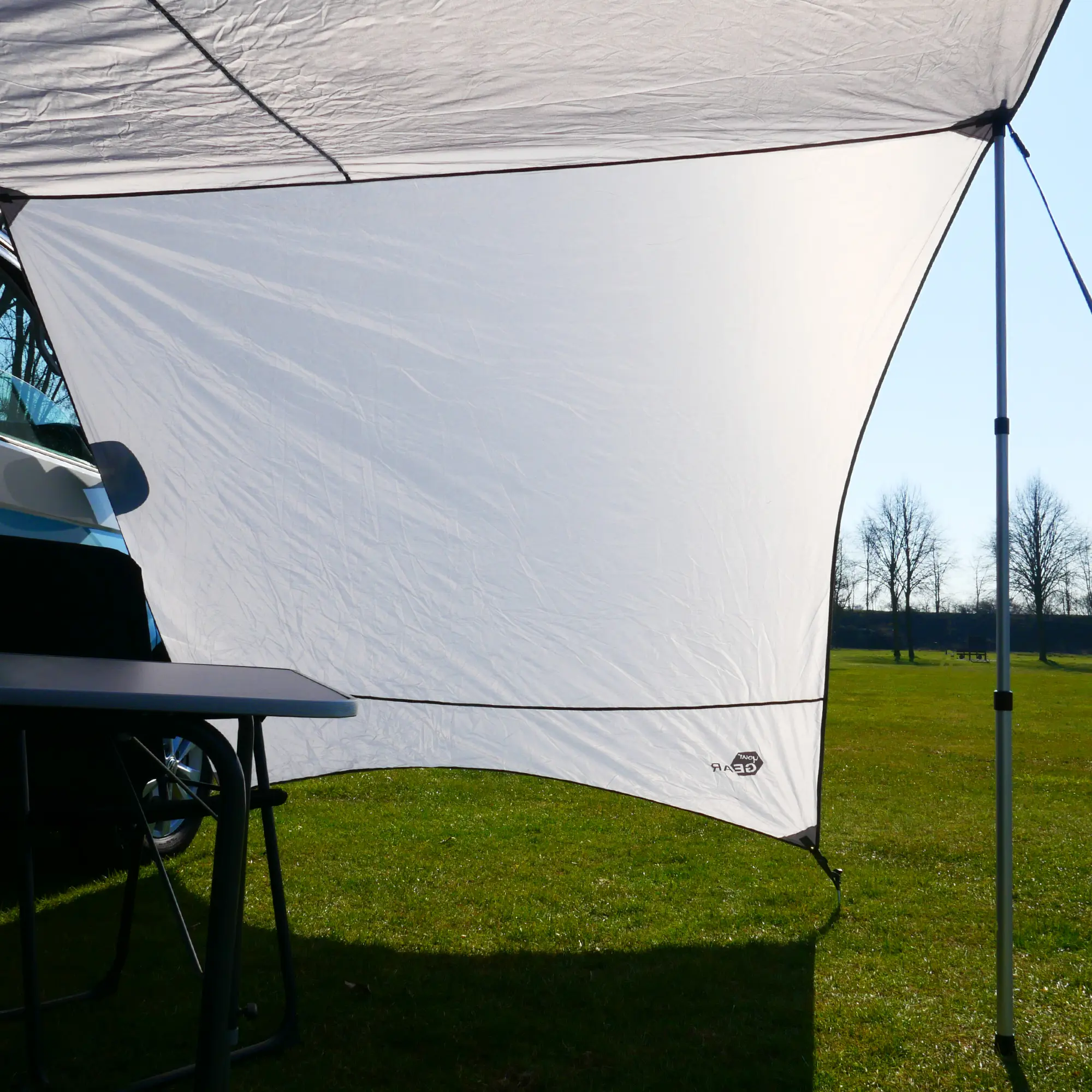 Toldo your GEAR Tropea para furgoneta o caravana, color gris, con protección UV 50+, incluye dos paredes laterales y postes telescópicos de aluminio, ideal como avance o toldo para camping.